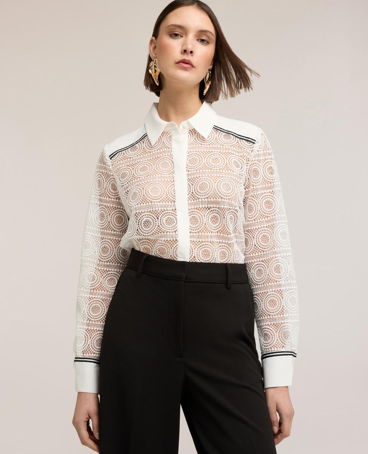 Camisa de mujer de encaje macramé con bandas en contraste ajuste regular cierre frontal inglés - Motivi - Blanco Blanco-1