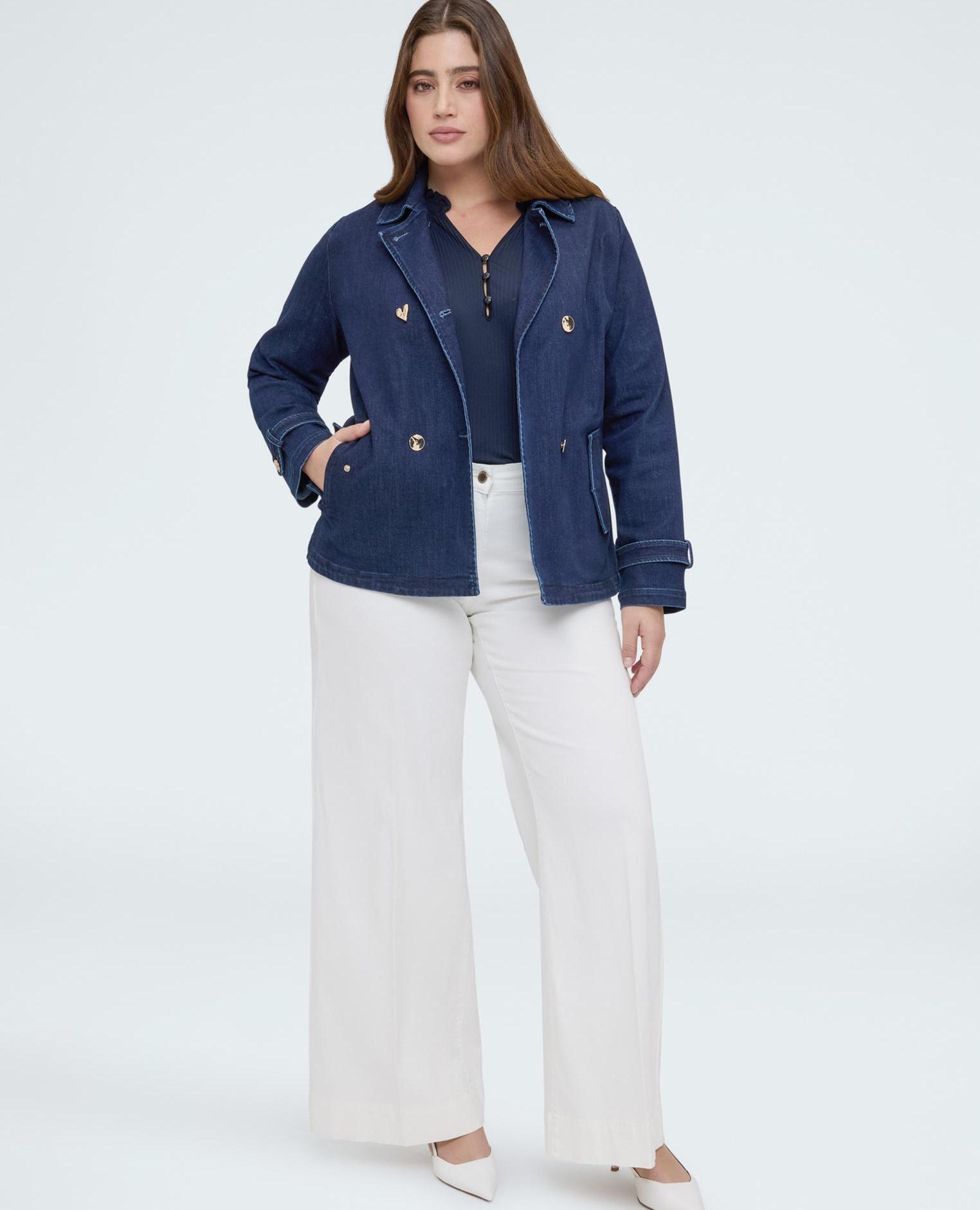 Chaqueta de mujer de denim cruzada mangas largas con correas ajustables - Fiorella Rubino - Azul Azul-3
