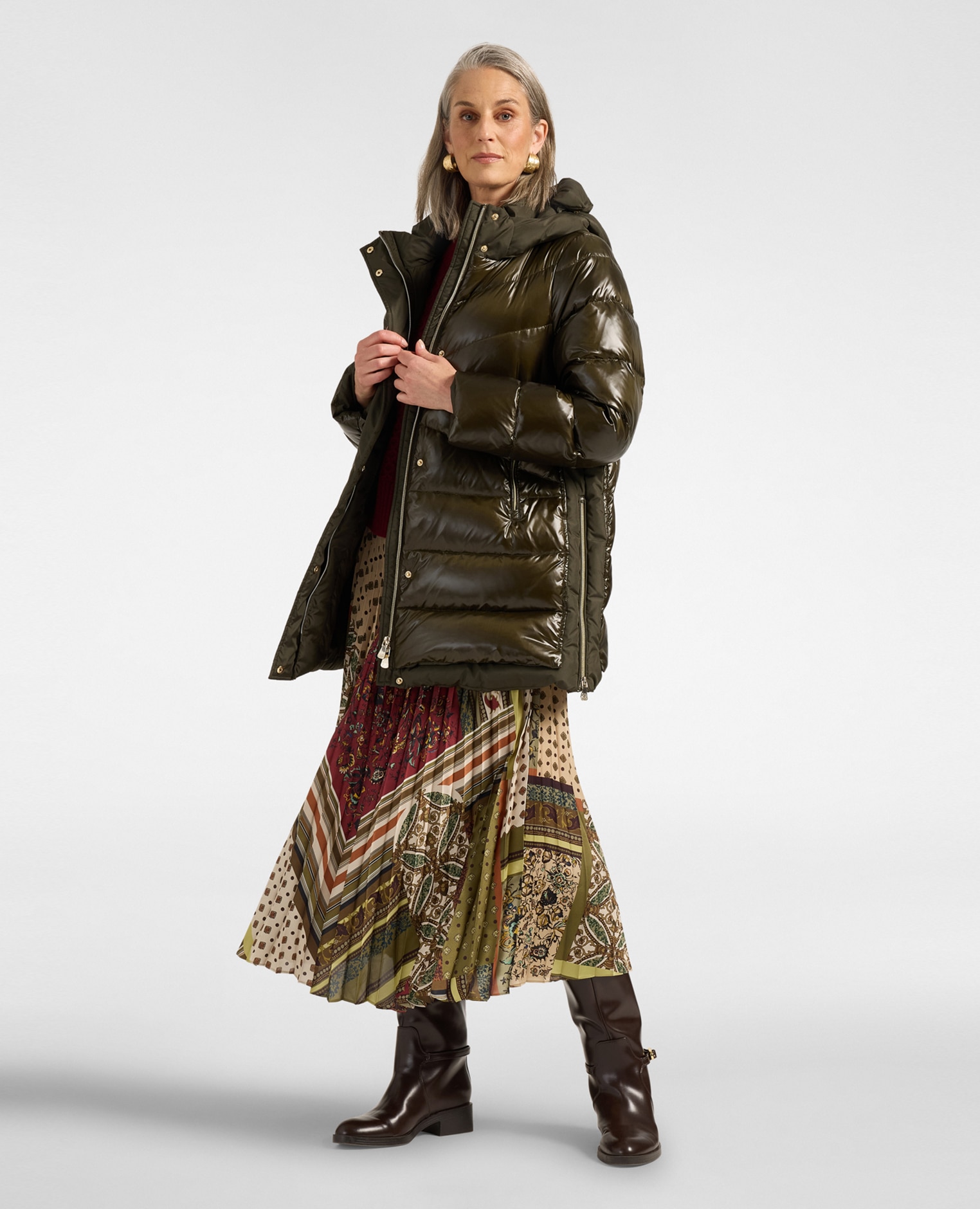 Plumífero de mujer largo en nylon brillante y mate ajuste regular acolchado con acolchado horizontal - Elena Miró - Verde militar Verde militar-3