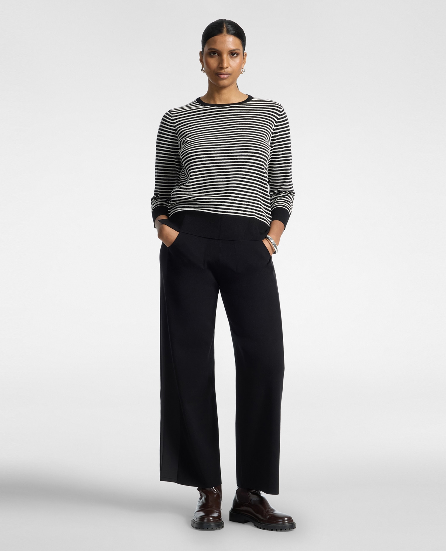 Pantalones de mujer palazzo de punto con cordón ajuste acampanado cierre con cordón ajustable en la cintura - Elena Miró - Negro Negro-1