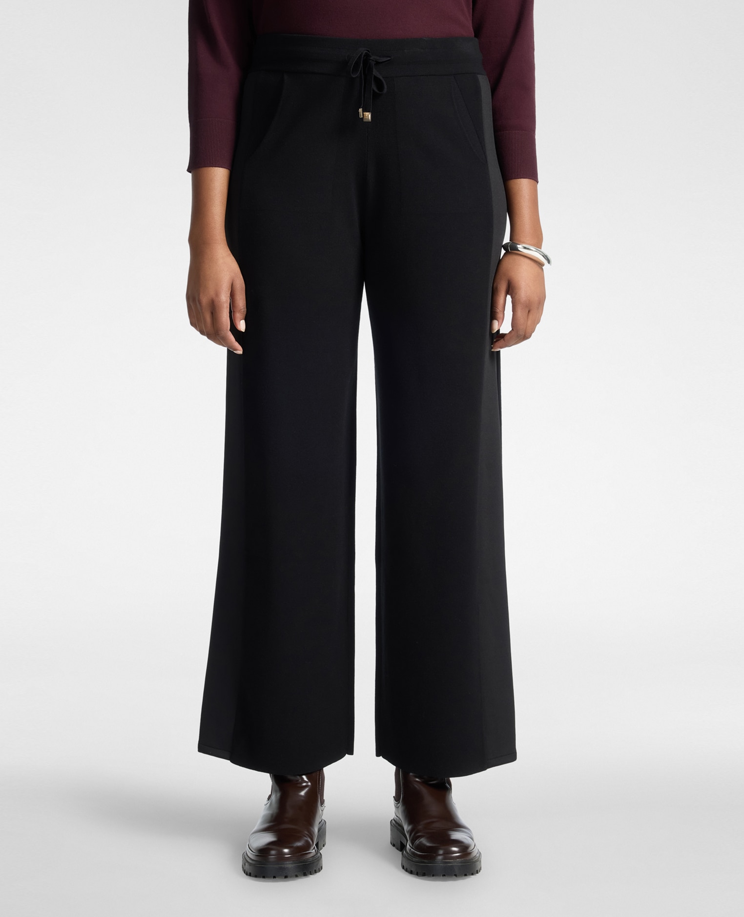 Pantalones de mujer palazzo de punto con cordón ajuste acampanado cierre con cordón ajustable en la cintura - Elena Miró - Negro Negro-3