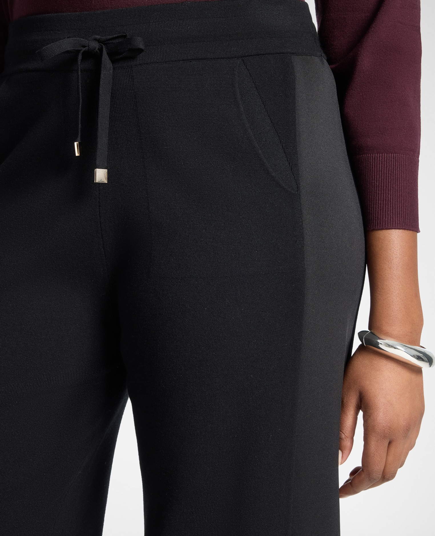Pantalones de mujer palazzo de punto con cordón ajuste acampanado cierre con cordón ajustable en la cintura - Elena Miró - Negro Negro-4