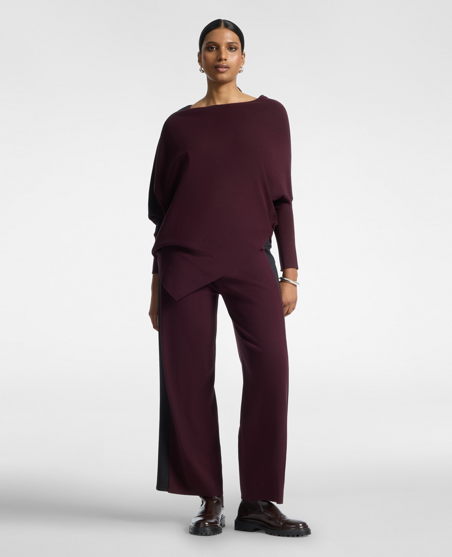 Pantalones de mujer palazzo de punto con cordón ajuste acampanado cierre con cordón ajustable en la cintura - Elena Miró - Burdeos Burdeos-1