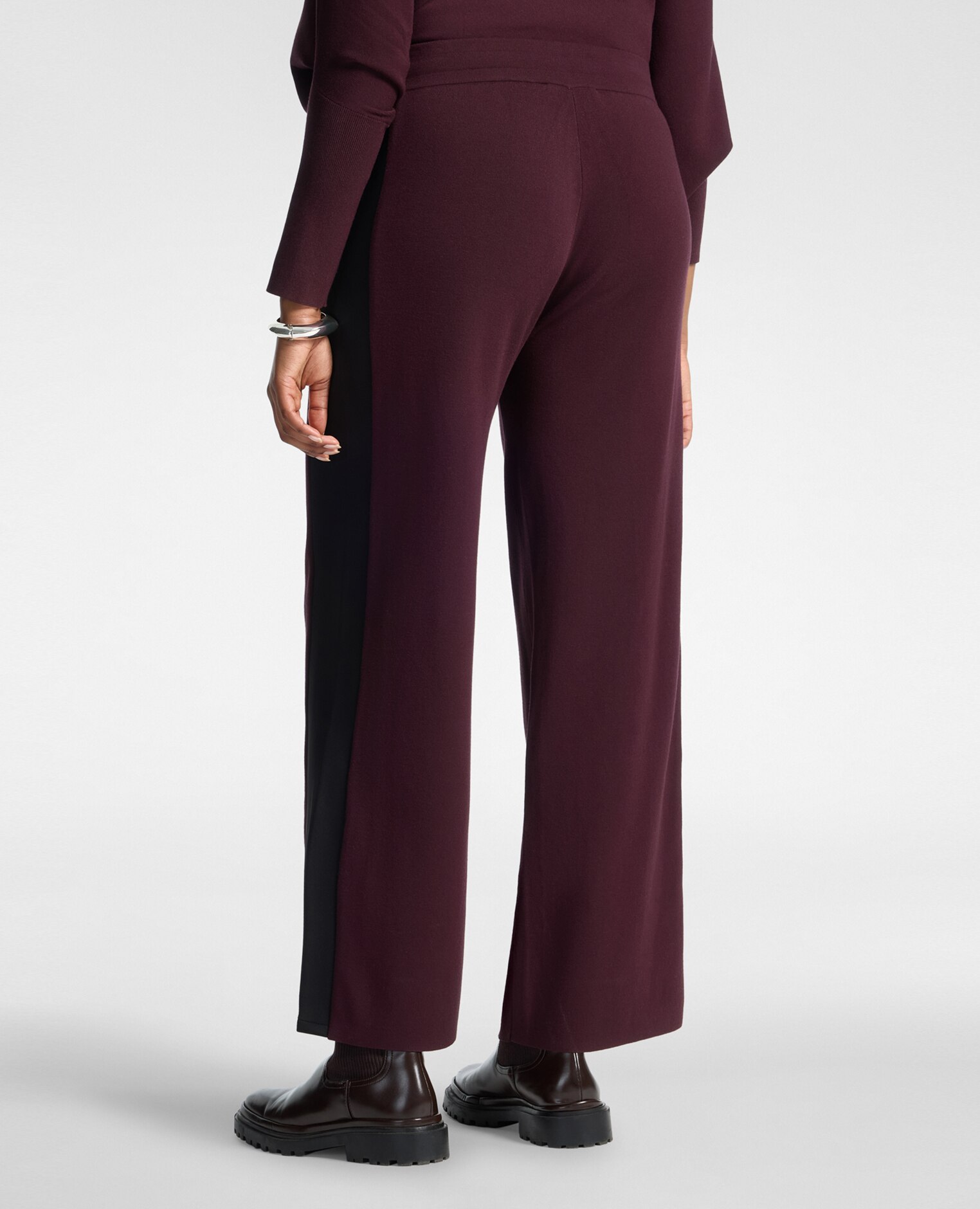 Pantalones de mujer palazzo de punto con cordón ajuste acampanado cierre con cordón ajustable en la cintura - Elena Miró - Burdeos Burdeos-2