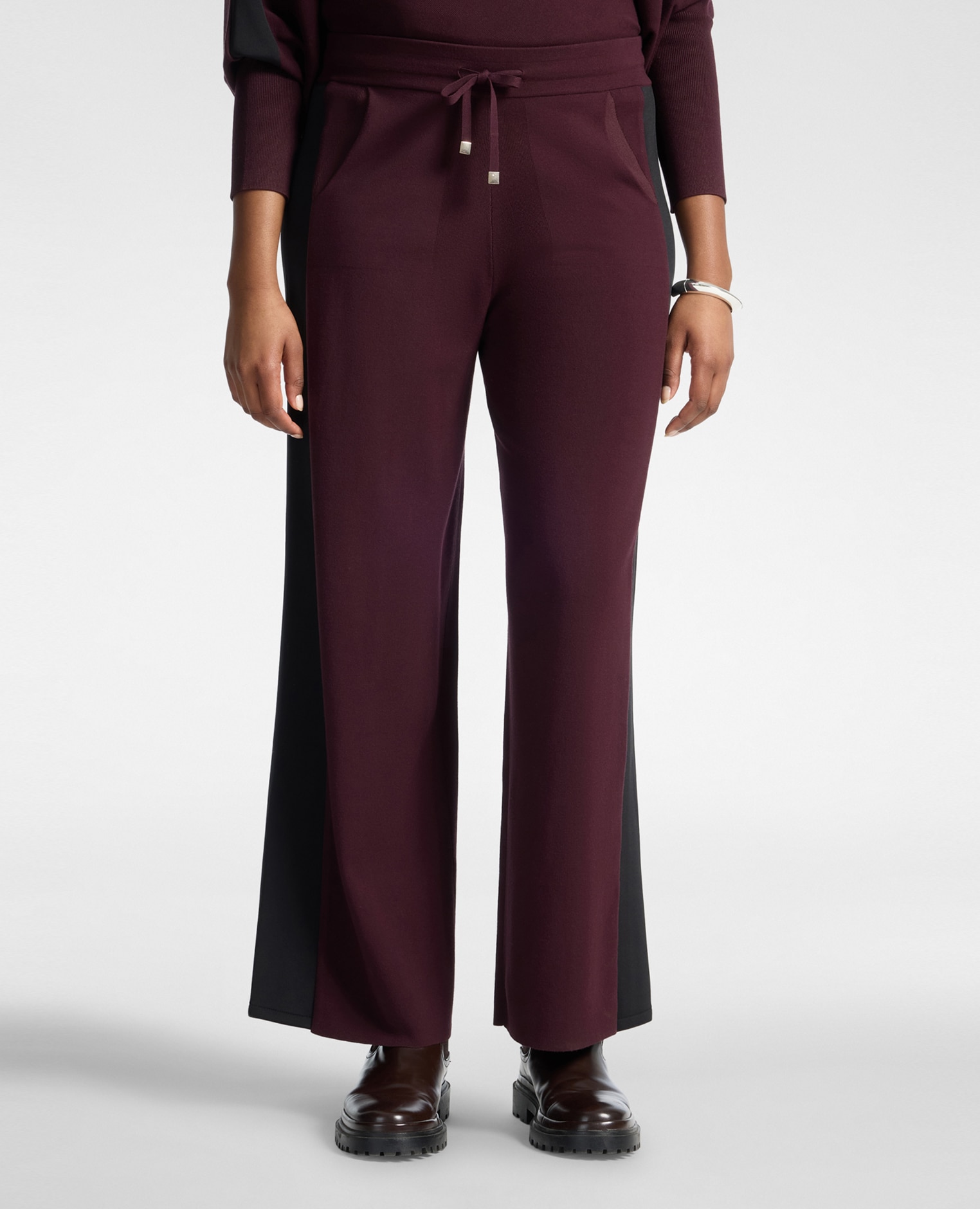 Pantalones de mujer palazzo de punto con cordón ajuste acampanado cierre con cordón ajustable en la cintura - Elena Miró - Burdeos Burdeos-3
