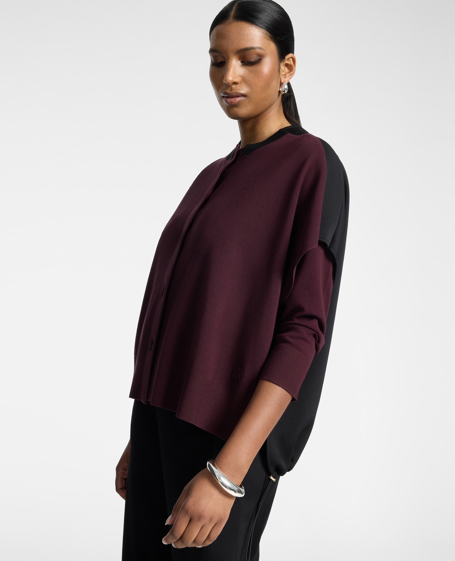 Cárdigan de mujer boxy bicolor ajuste oversize largo medio - Elena Miró - Burdeos Burdeos-1
