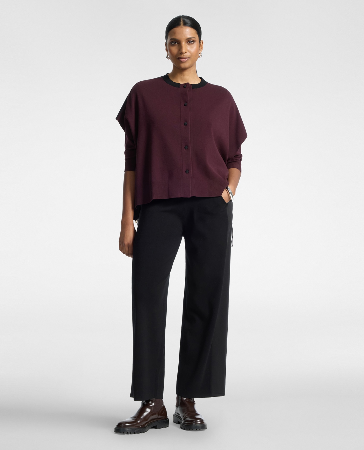 Cárdigan de mujer boxy bicolor ajuste oversize largo medio - Elena Miró - Burdeos Burdeos-3