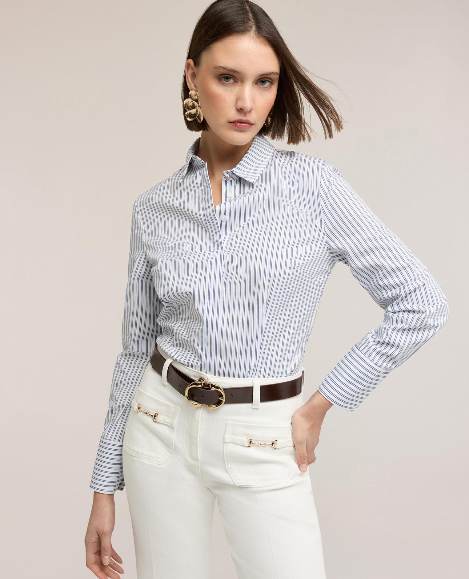 Camisa de mujer de popelina a rayas cuello de vela clásico con botonadura inglesa - Motivi - Azul Azul-1