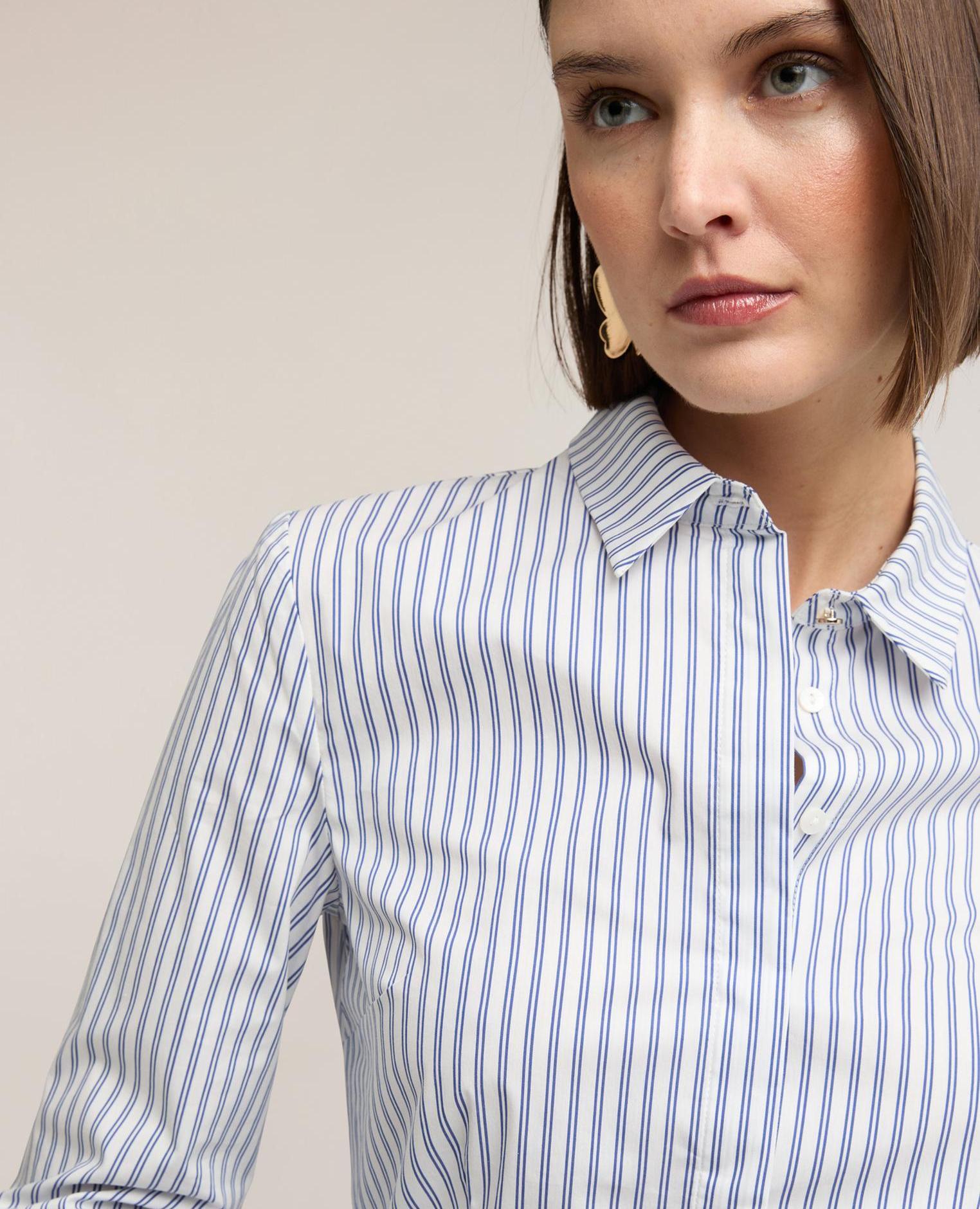 Camisa de mujer de popelina a rayas cuello de vela clásico con botonadura inglesa - Motivi - Azul Azul-4