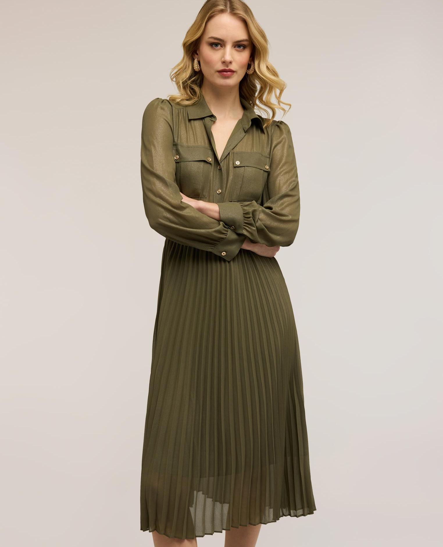 Vestido camisero en georgette plisado largo midi cierre frontal con cuello clásico y botones - Motivi - Kaki Kaki-3