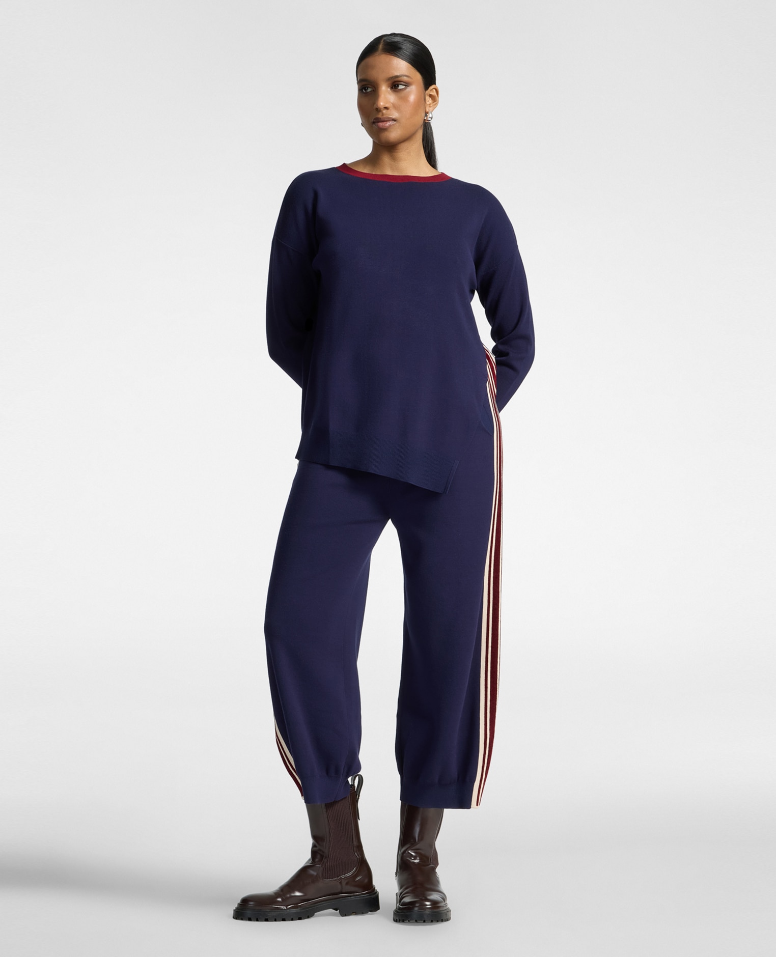 Pantalones de mujer cropped de punto con bordes a rayas ajuste cargo cierre con cordón en la cintura - Elena Miró - Azul Azul-1