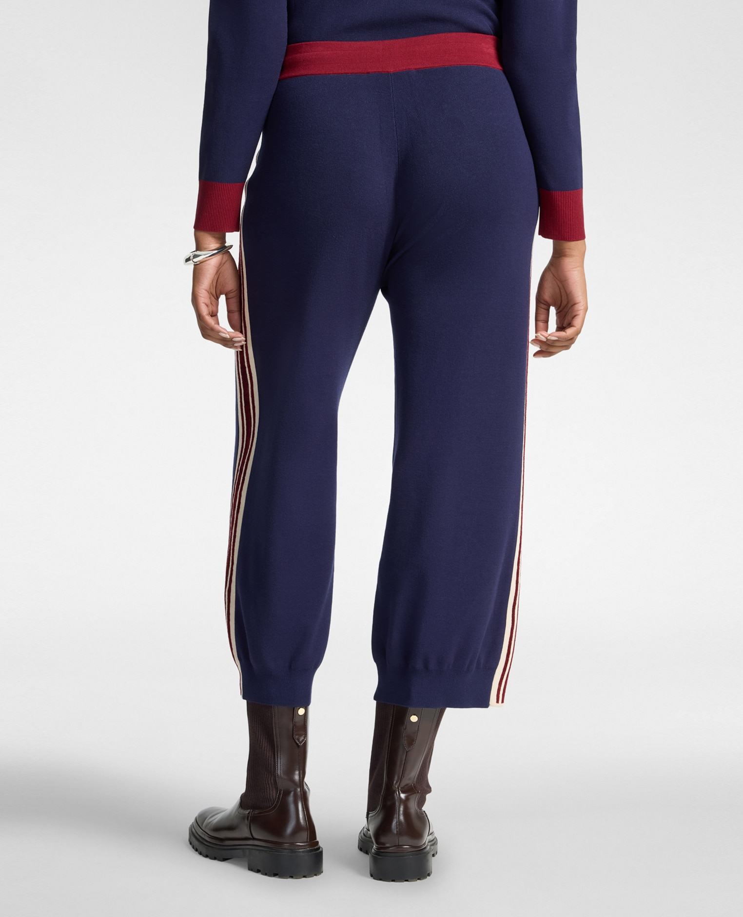Pantalones de mujer cropped de punto con bordes a rayas ajuste cargo cierre con cordón en la cintura - Elena Miró - Azul Azul-2