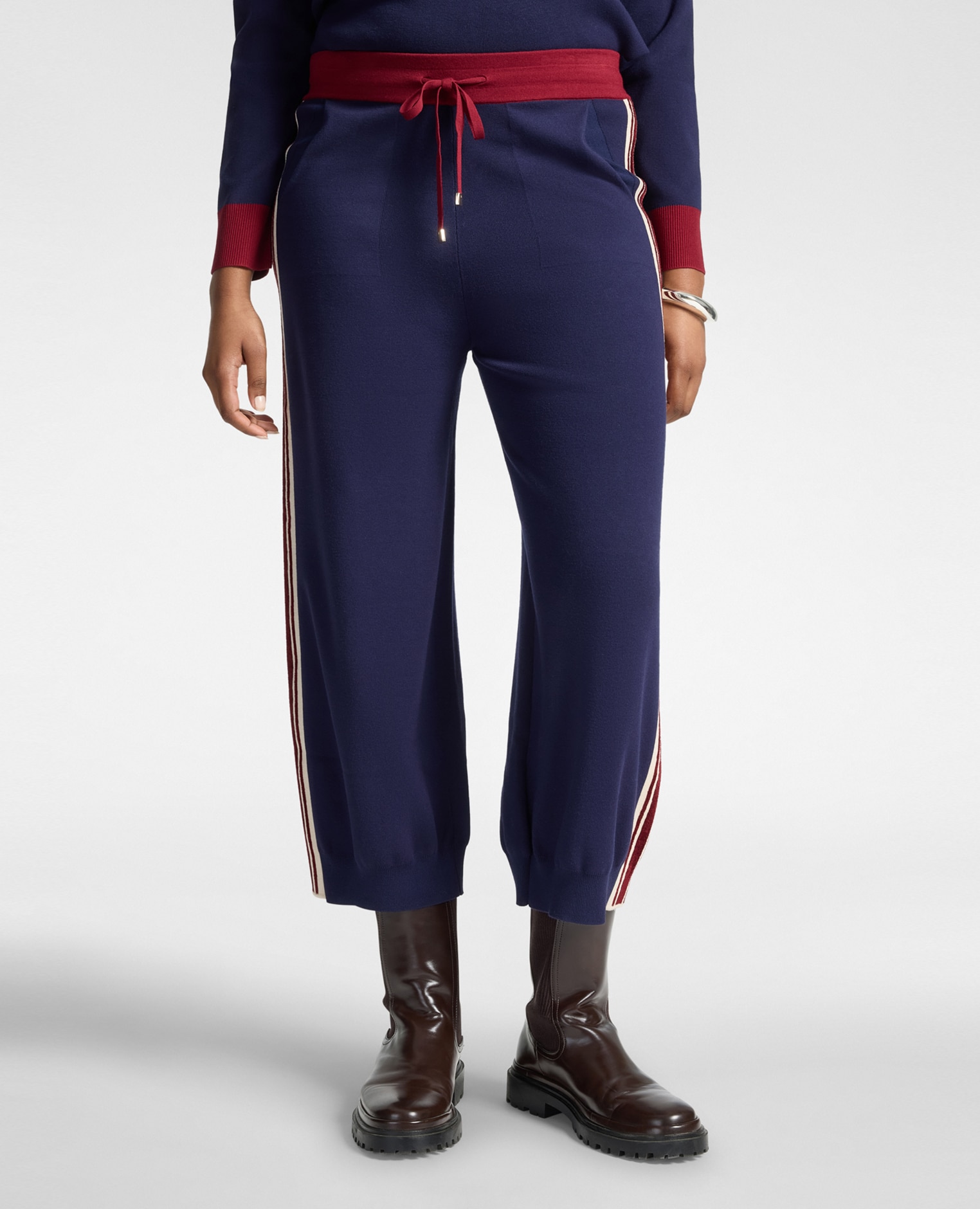 Pantalones de mujer cropped de punto con bordes a rayas ajuste cargo cierre con cordón en la cintura - Elena Miró - Azul Azul-3