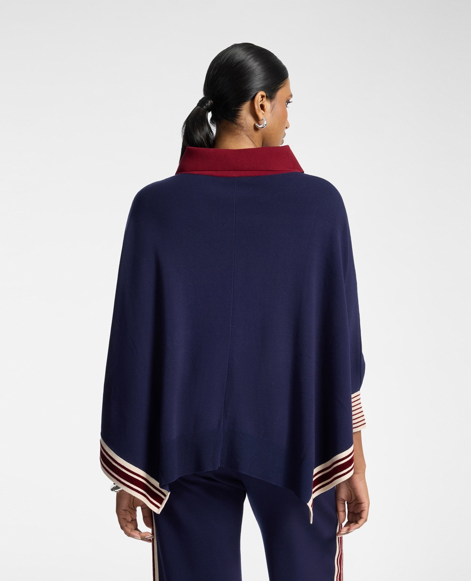Poncho de mujer de punto con bordes a rayas ajuste oversize largo medio - Elena Miró - Azul Azul-2