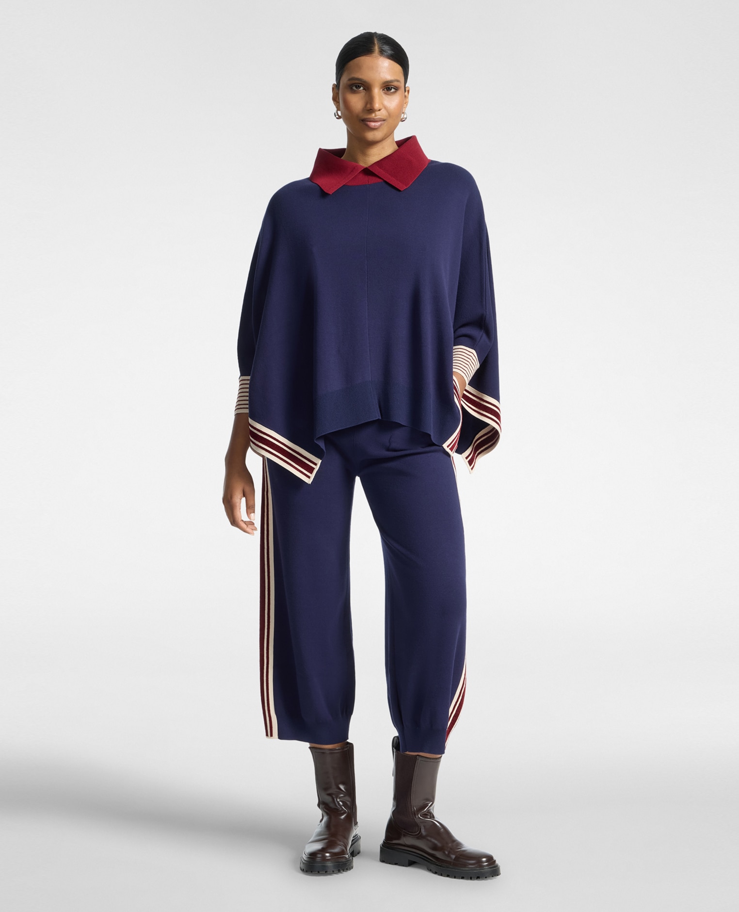 Poncho de mujer de punto con bordes a rayas ajuste oversize largo medio - Elena Miró - Azul Azul-3