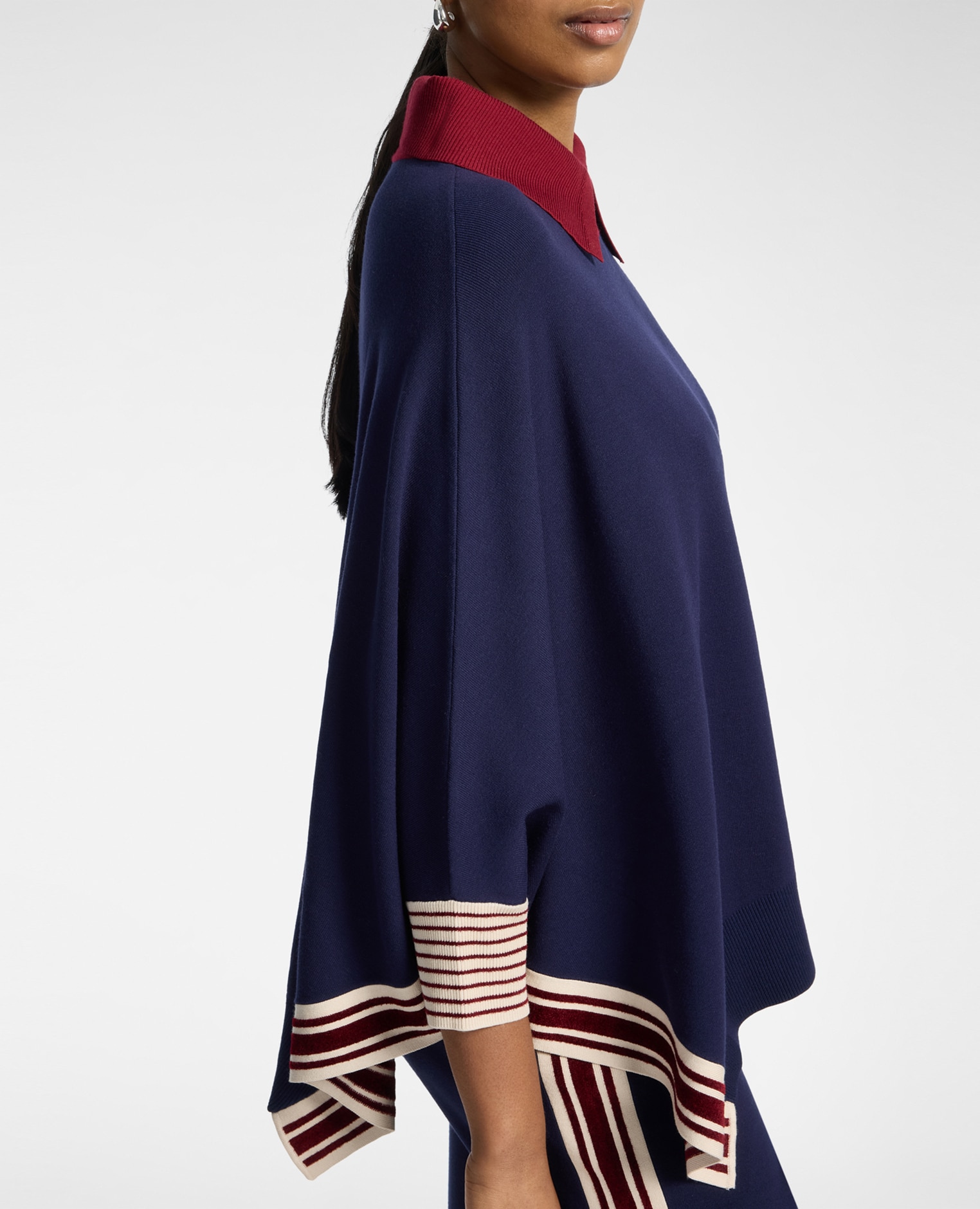 Poncho de mujer de punto con bordes a rayas ajuste oversize largo medio - Elena Miró - Azul Azul-4