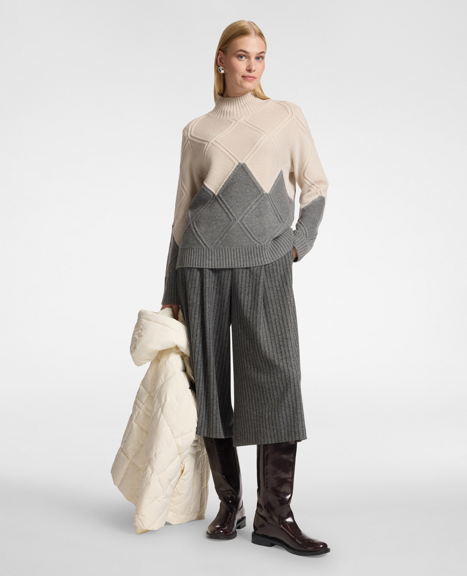 Jersey de mujer de pura lana trabajada ajuste regular y longitud media - Elena Miró - Gris Gris-3