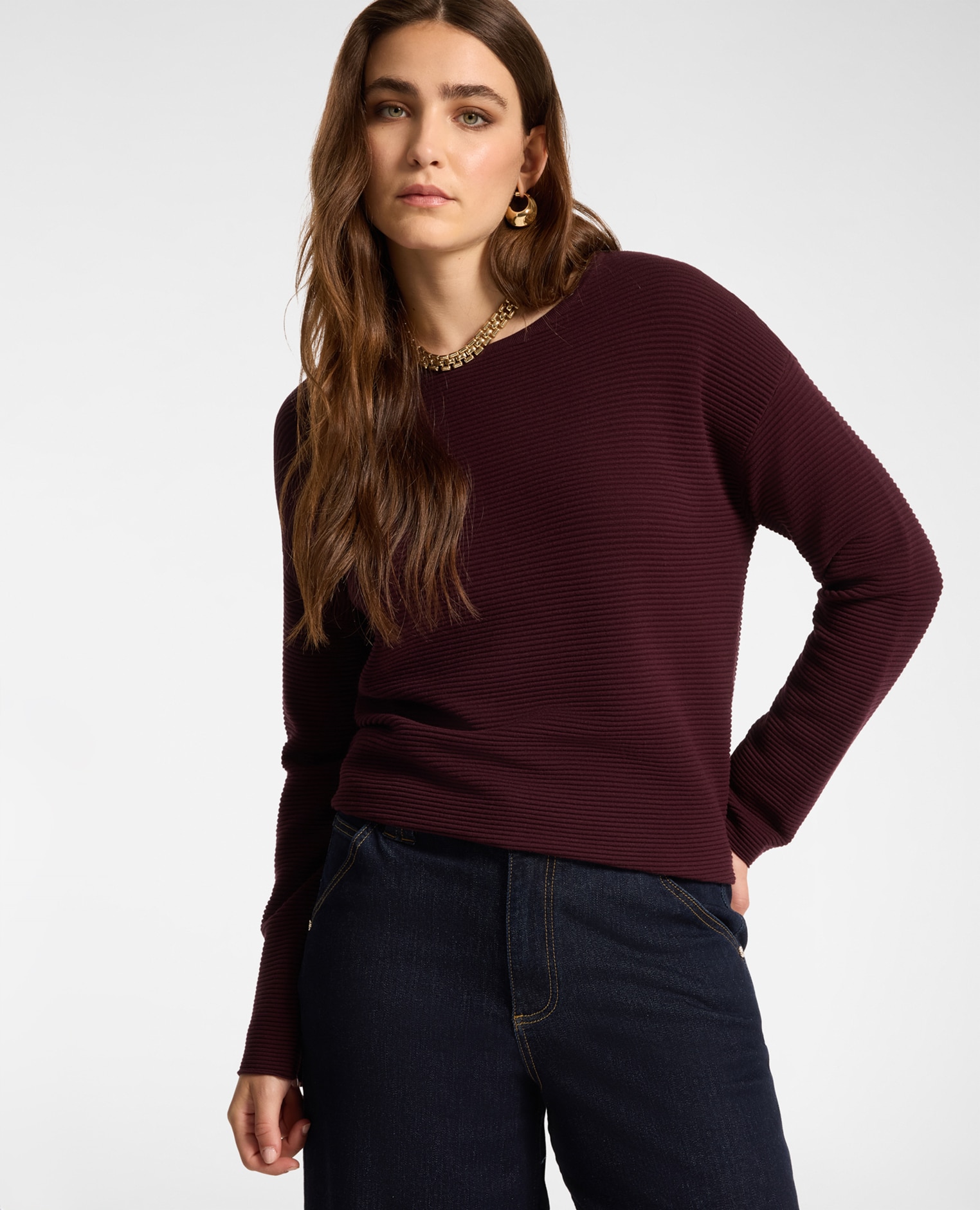 Jersey de mujer con cuello desmontable ajuste boxy largo medio - Elena Miró - Burdeos Burdeos-1