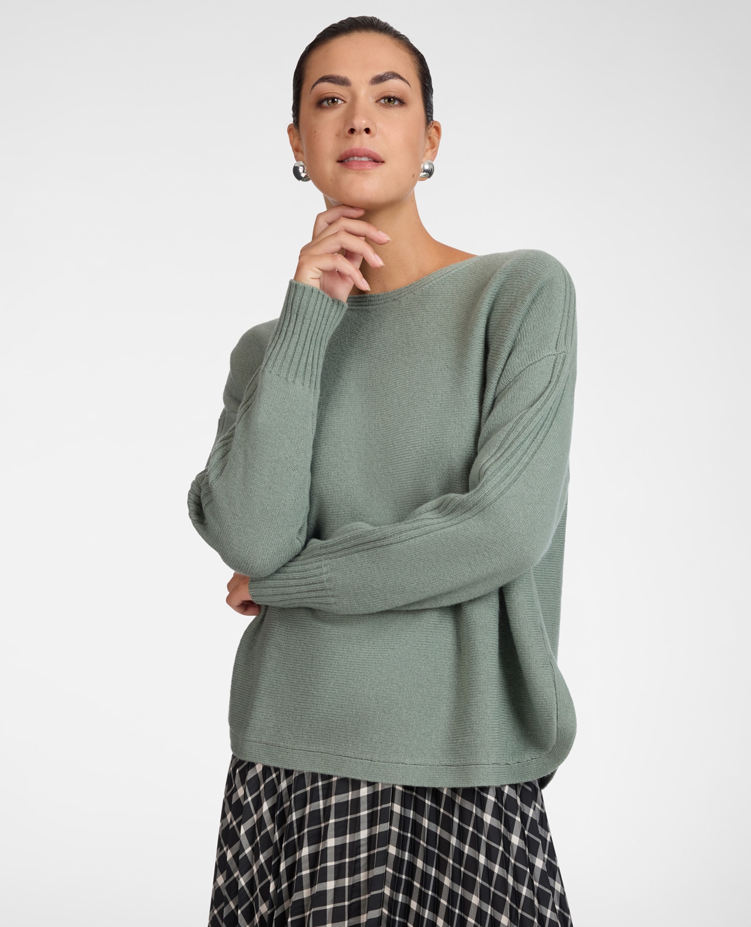 Jersey de mujer de pura lana con cuello barco ajuste boxy y largo medio - Elena Miró - Verde claro Verde claro-1