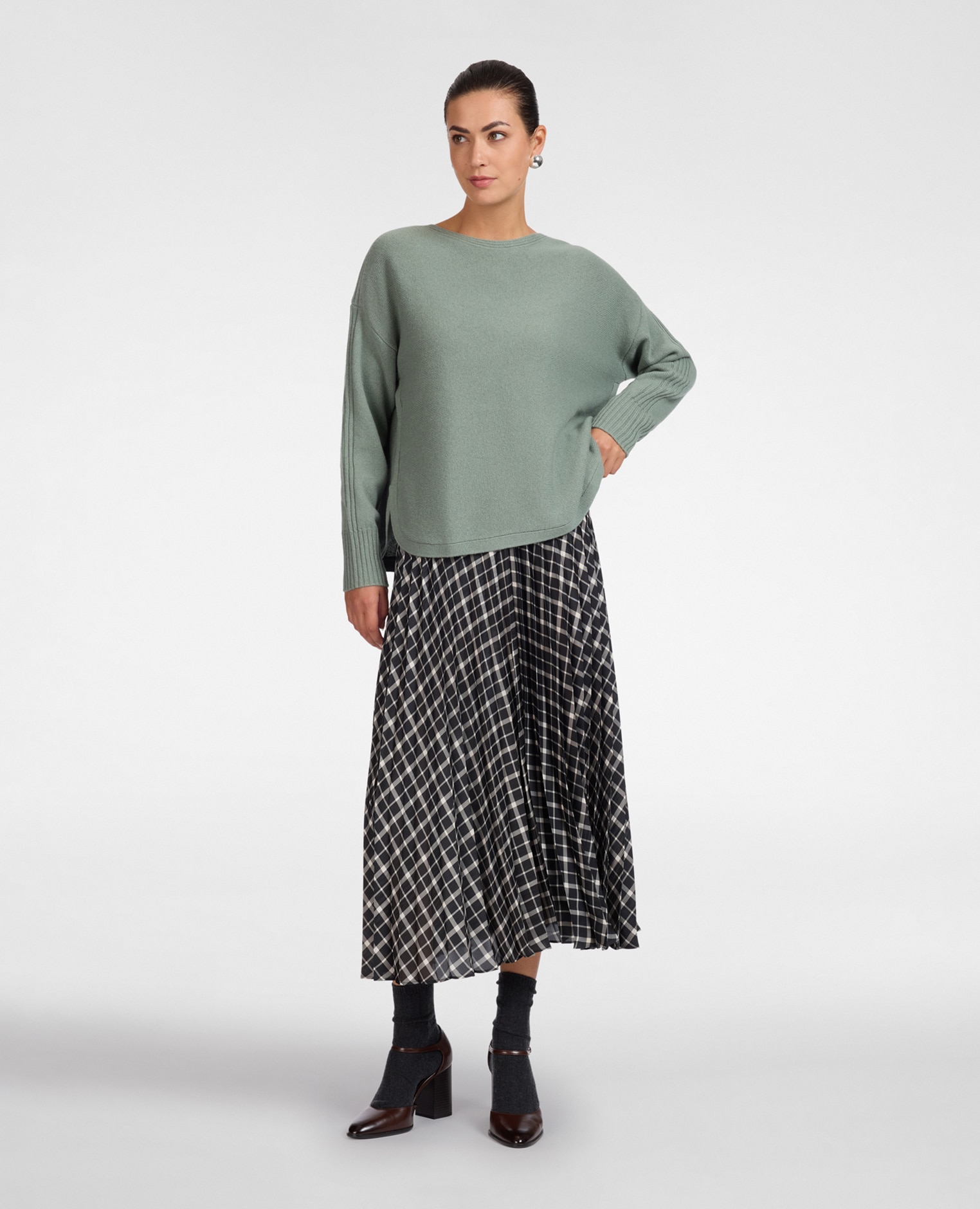 Jersey de mujer de pura lana con cuello barco ajuste boxy y largo medio - Elena Miró - Verde claro Verde claro-3