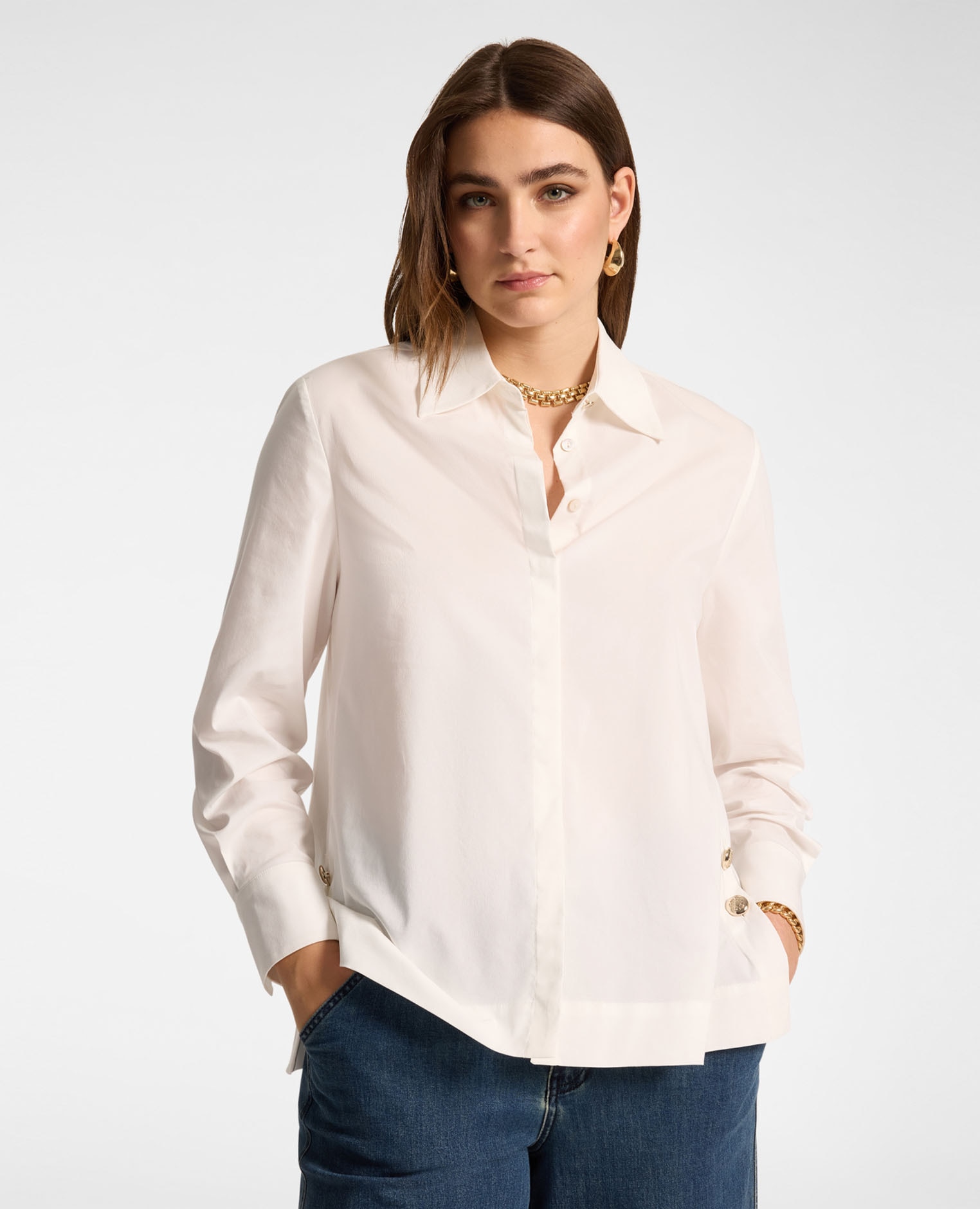 Camisa de mujer de popelina ajuste oversize cierre con botones - Elena Miró - Blanco Blanco-1