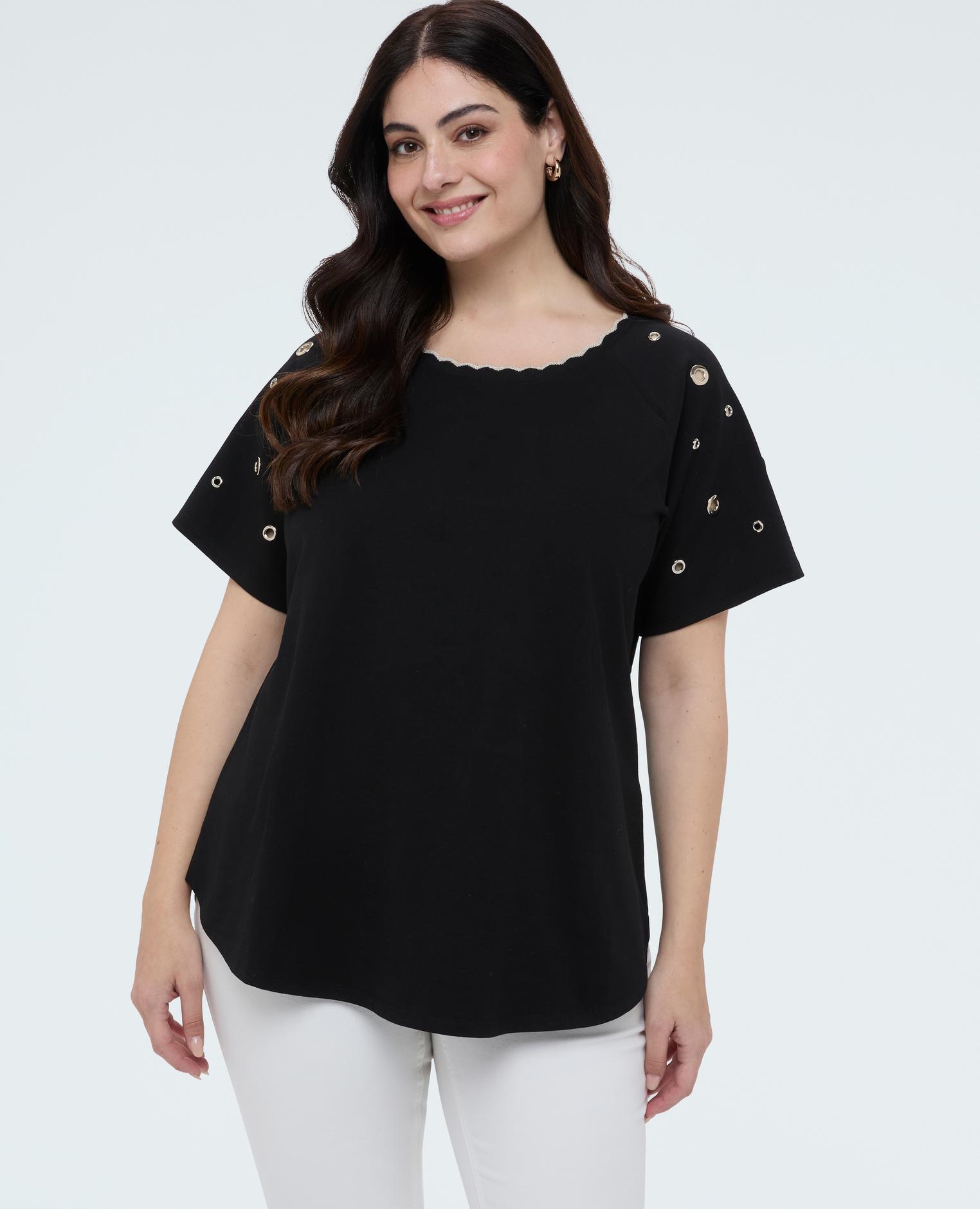 Camiseta de mujer con escote festoneado y ojales en las mangas - Fiorella Rubino - Negro Negro-1