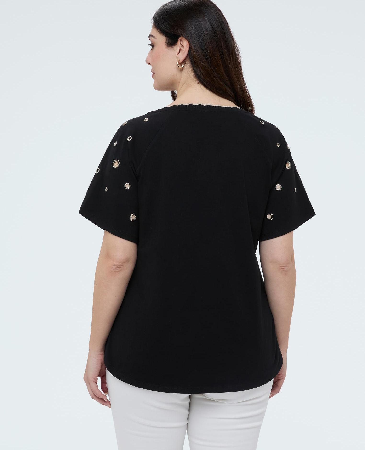 Camiseta de mujer con escote festoneado y ojales en las mangas - Fiorella Rubino - Negro Negro-2