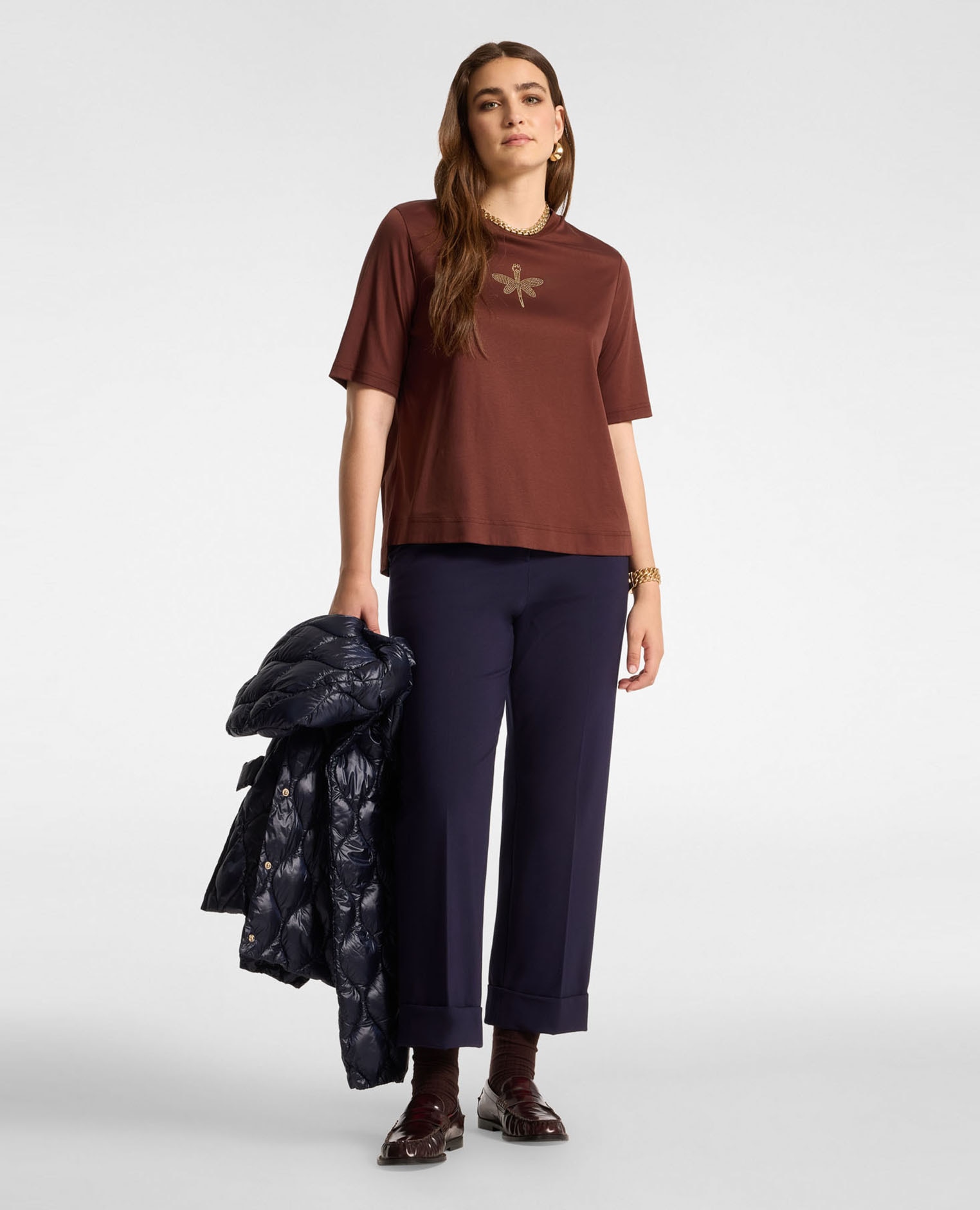 Camiseta de mujer de algodón con aplicación de libélula ajuste regular y mangas cortas - Elena Miró - Marrón Marrón-3