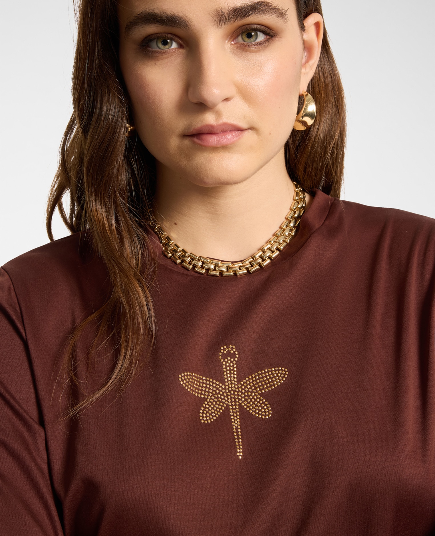 Camiseta de mujer de algodón con aplicación de libélula ajuste regular y mangas cortas - Elena Miró - Marrón Marrón-4