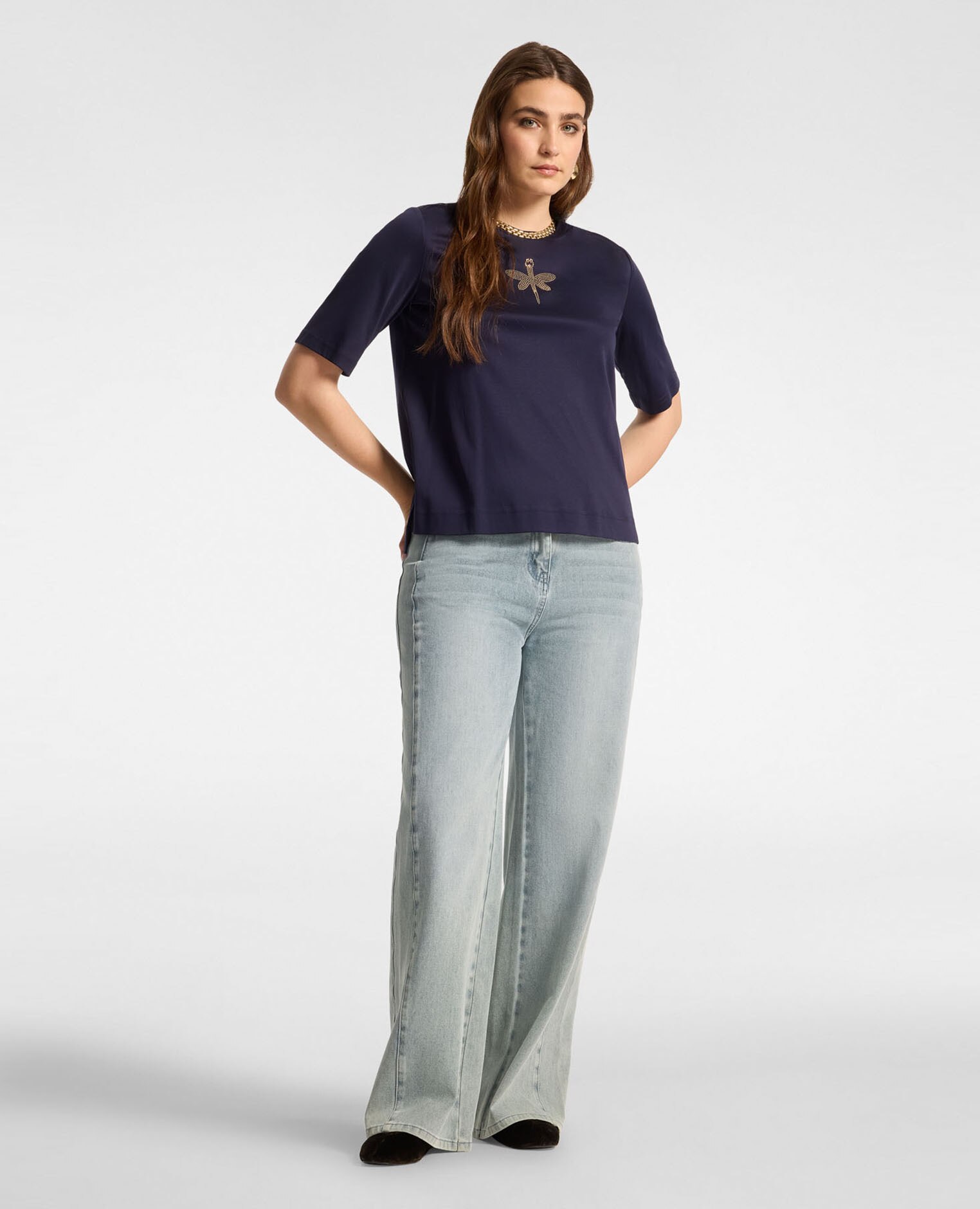 Camiseta de mujer de algodón con aplicación de libélula ajuste regular y mangas cortas - Elena Miró - Azul Azul-3