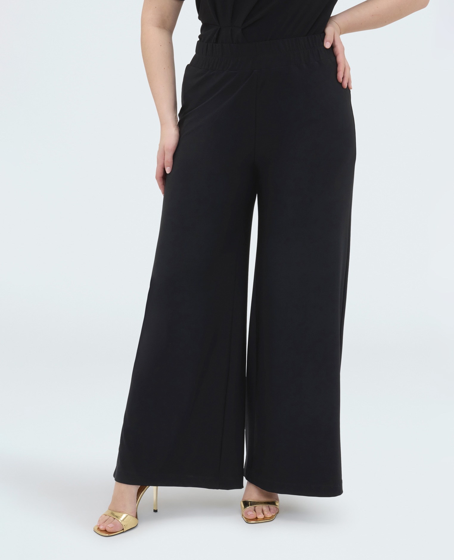 Pantalones de mujer wide leg de punto súper cómodas gracias a la cintura elástica - Fiorella Rubino - Negro Negro-1
