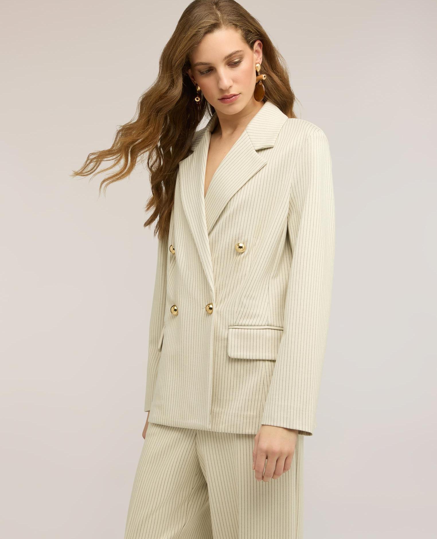 Blazer de mujer cruzado de rayas diplomáticas en mezcla de algodón - Motivi - Blanco Blanco-4
