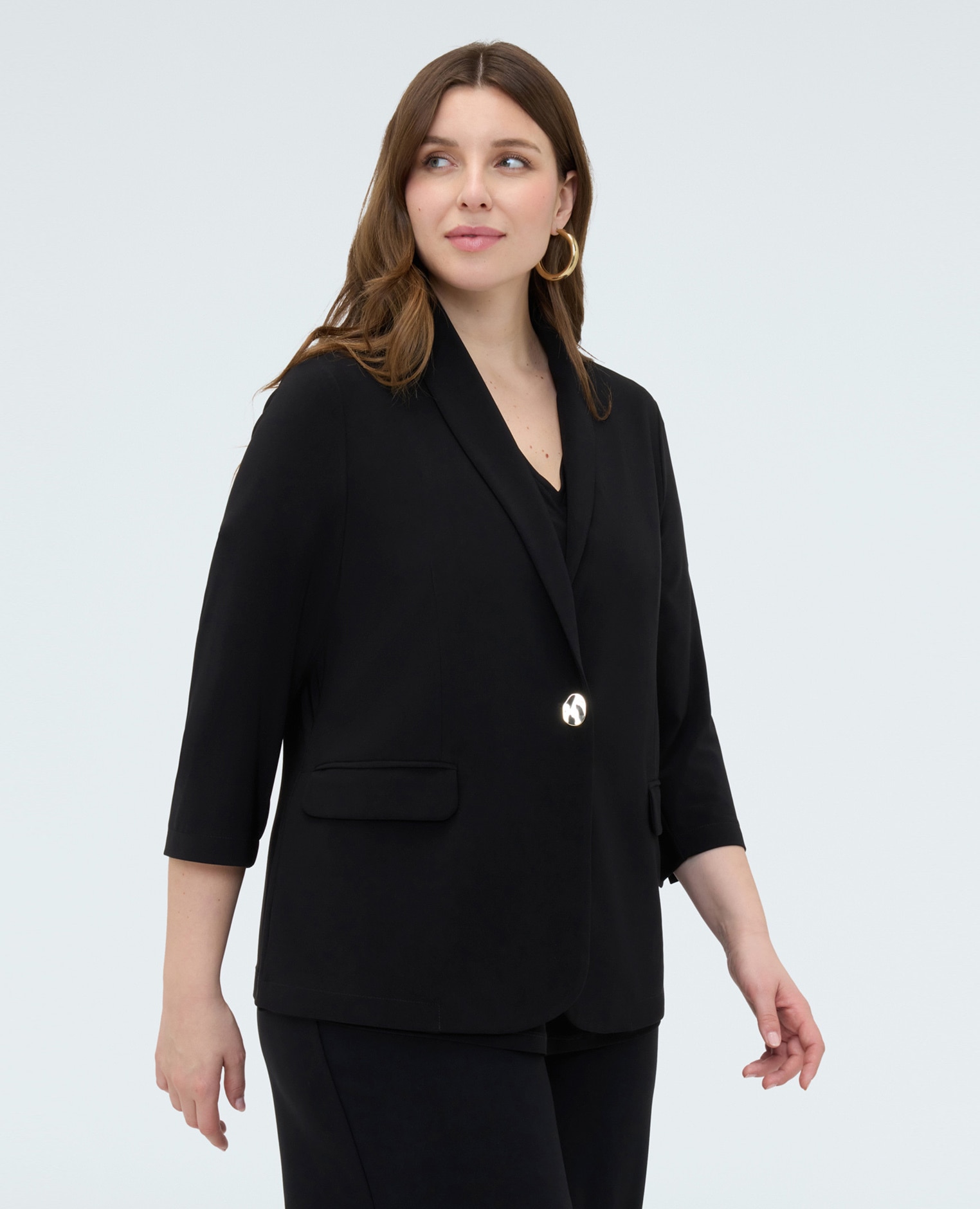 Blazer de mujer de punto con mangas de tres cuartos cierre de un solo pecho con botón decorativo dorado - Fiorella Rubino - Negro Negro-1