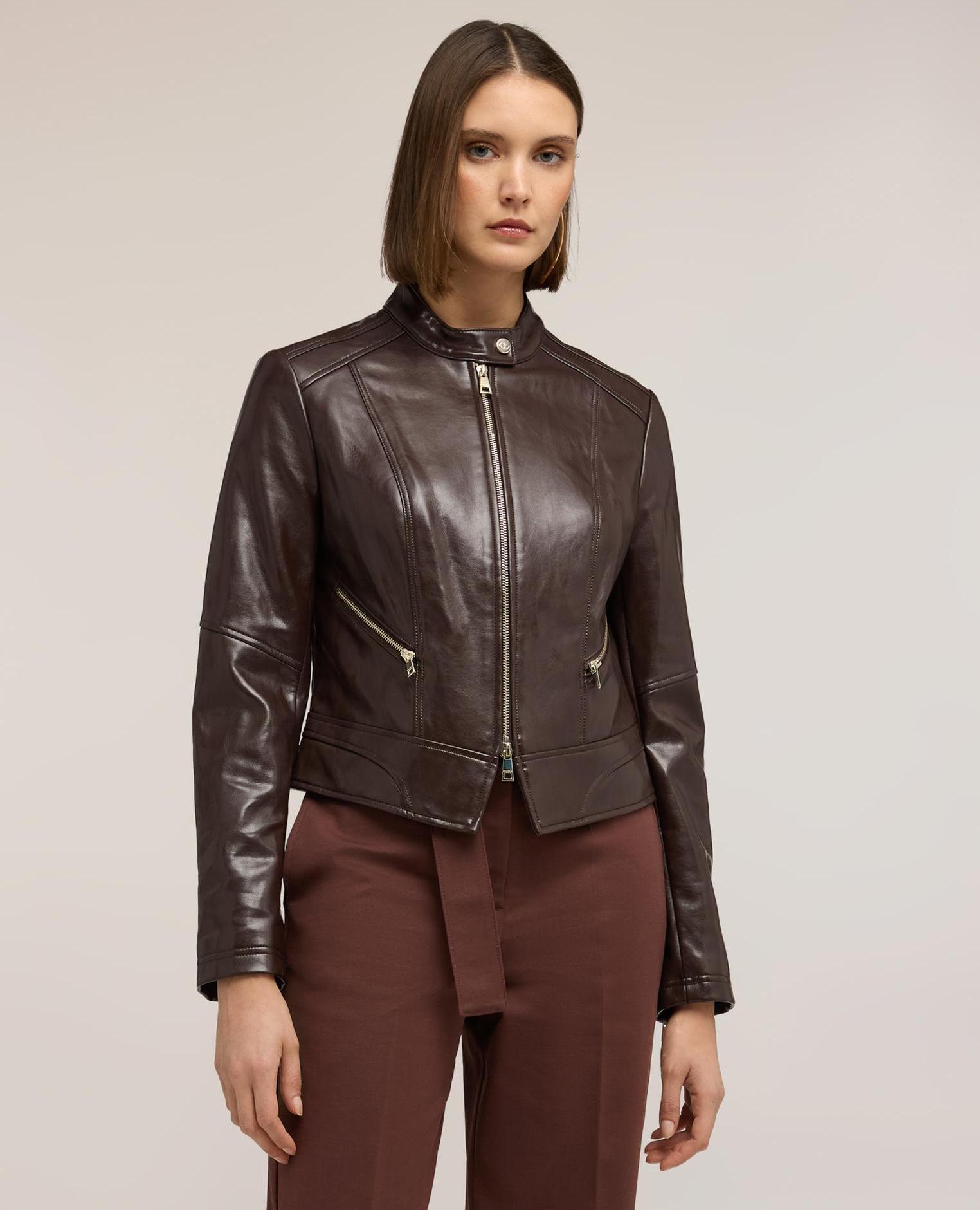 Chaqueta de mujer con cremallera y cuello mao modelo corto con ajuste fitted - Motivi - Marrón Marrón-3