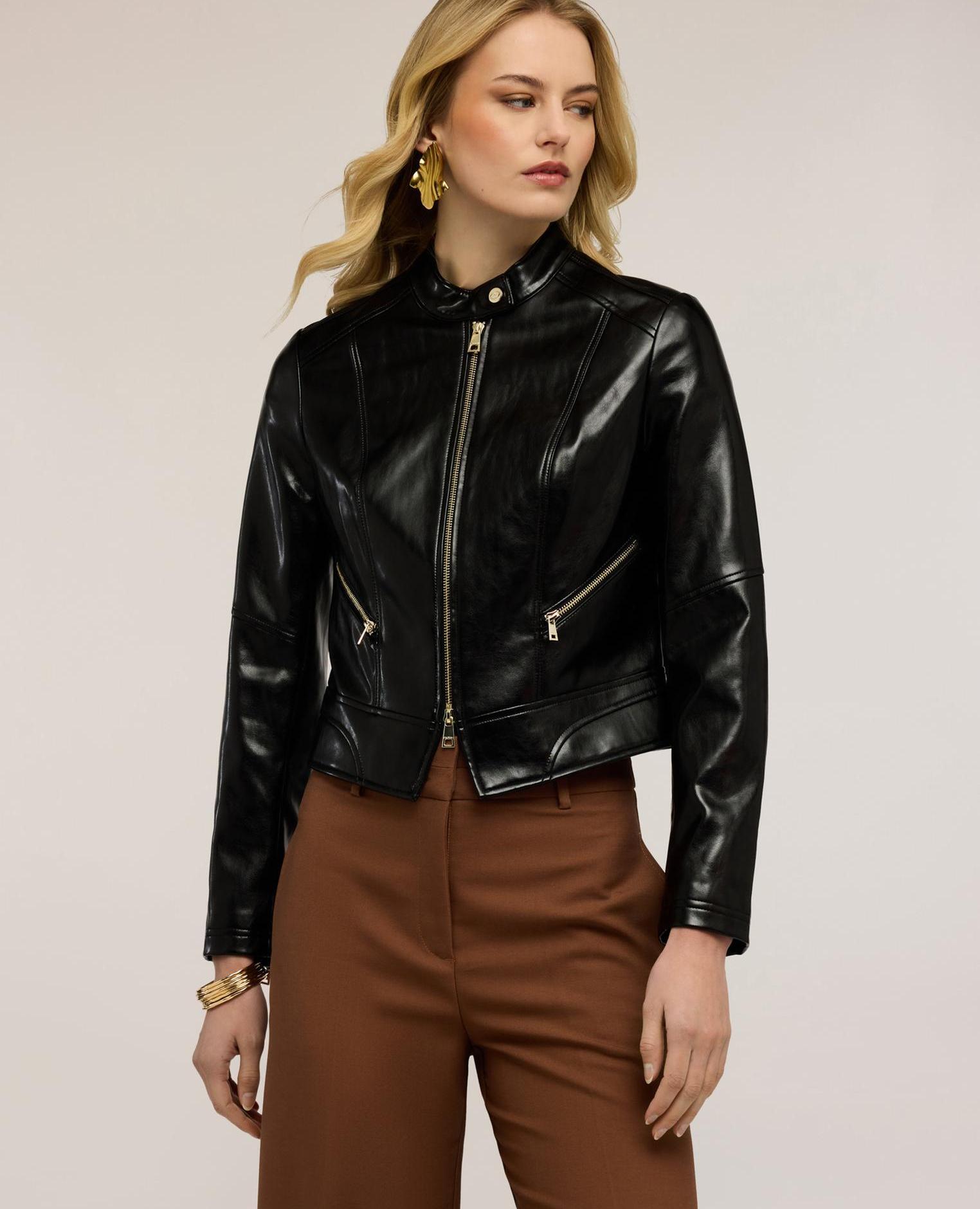 Chaqueta de mujer con cremallera y cuello mao modelo corto con ajuste fitted - Motivi - Negro Negro-3