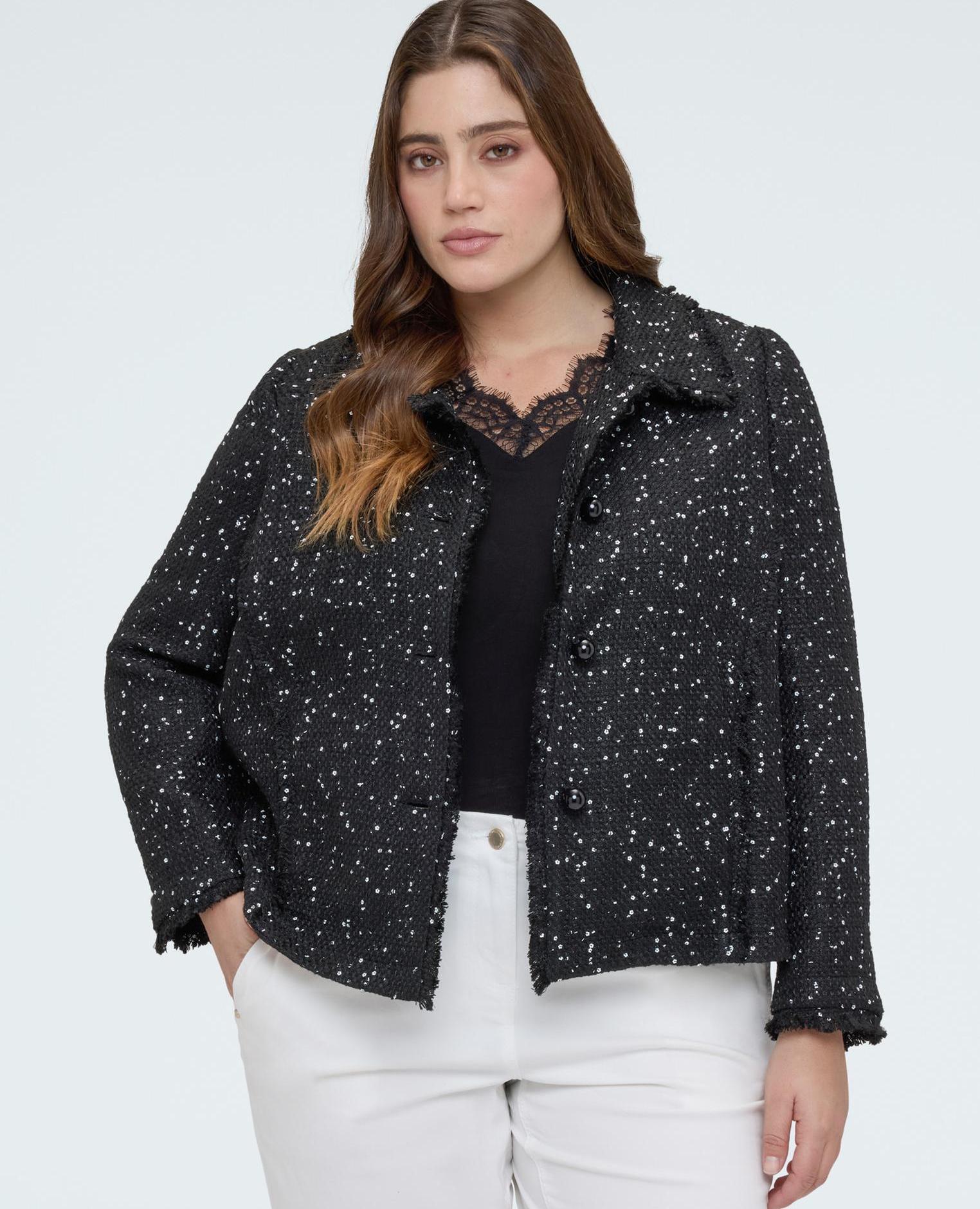 Chaqueta de mujer con lentejuelas y detalles deshilachados - Fiorella Rubino - Negro Negro-1