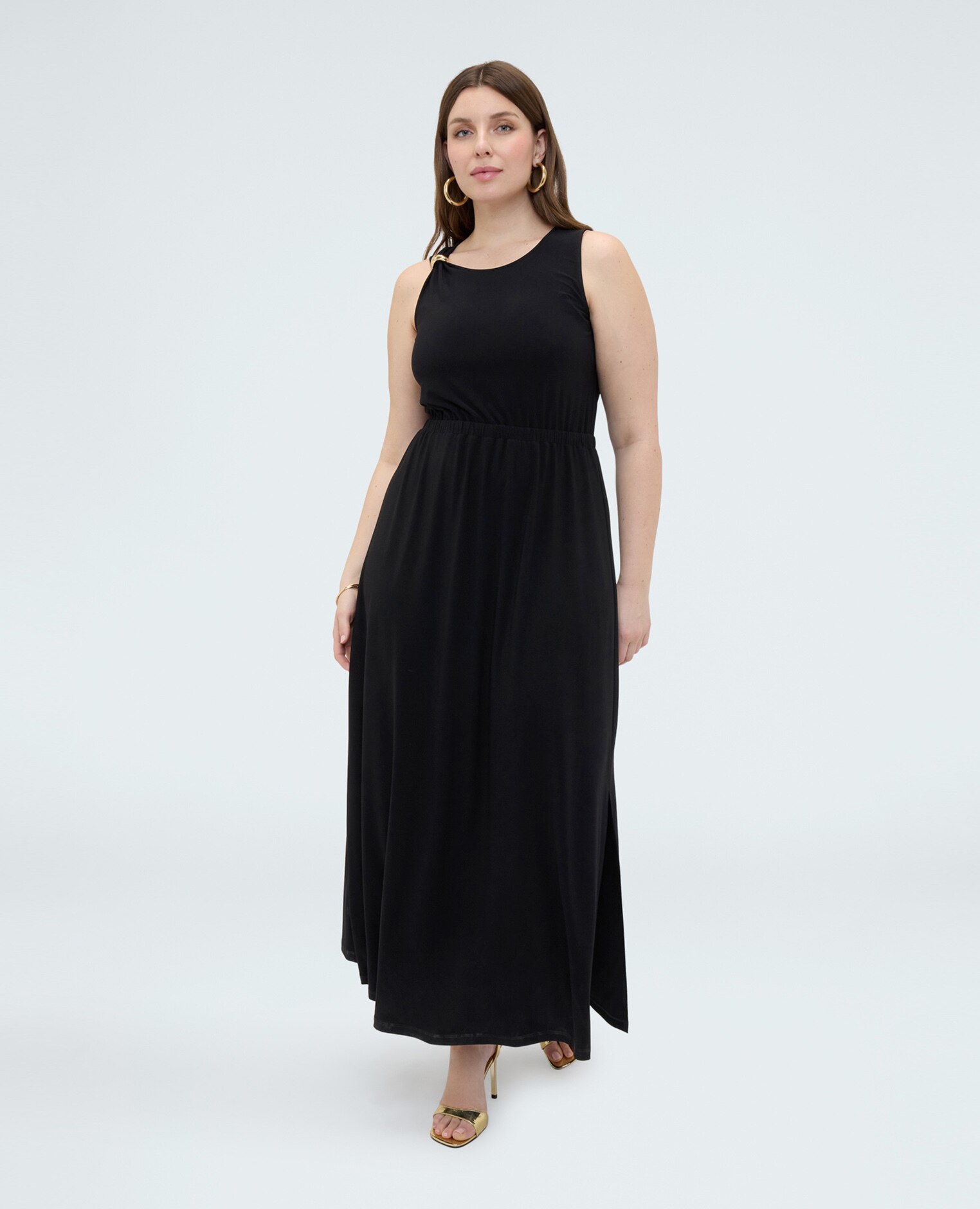 Vestido largo de punto con escote en la espalda detalle dorado para gestionar como quieras - Fiorella Rubino - Negro Negro-3