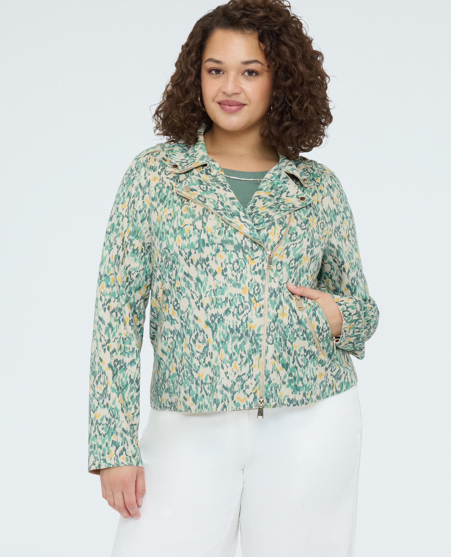 Chaqueta de mujer biker en tejido soft touch estampado - Fiorella Rubino - Verde Verde-1