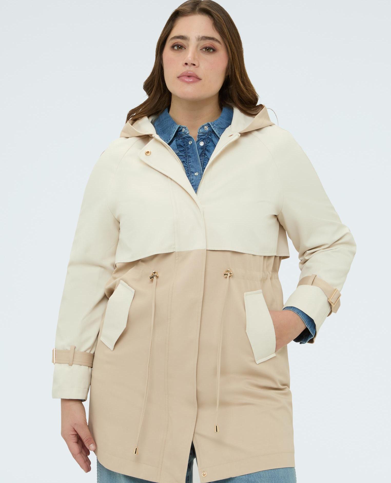 Fiorella Rubino - Trenca de mujer bicolor con capucha cierre con cremallera y botones cordón ajustable en la cintura.