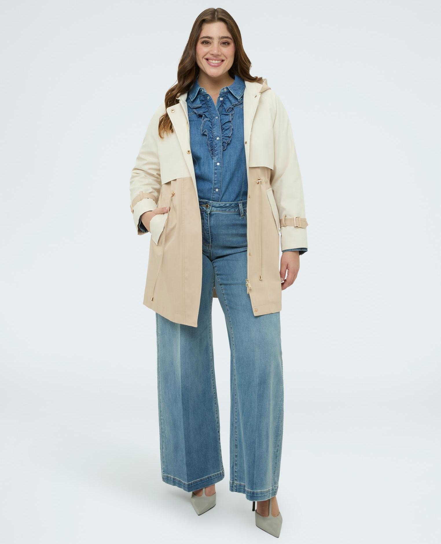 Trenca de mujer bicolor con capucha cierre con cremallera y botones cordón ajustable en la cintura - Fiorella Rubino - Beige Beige-3