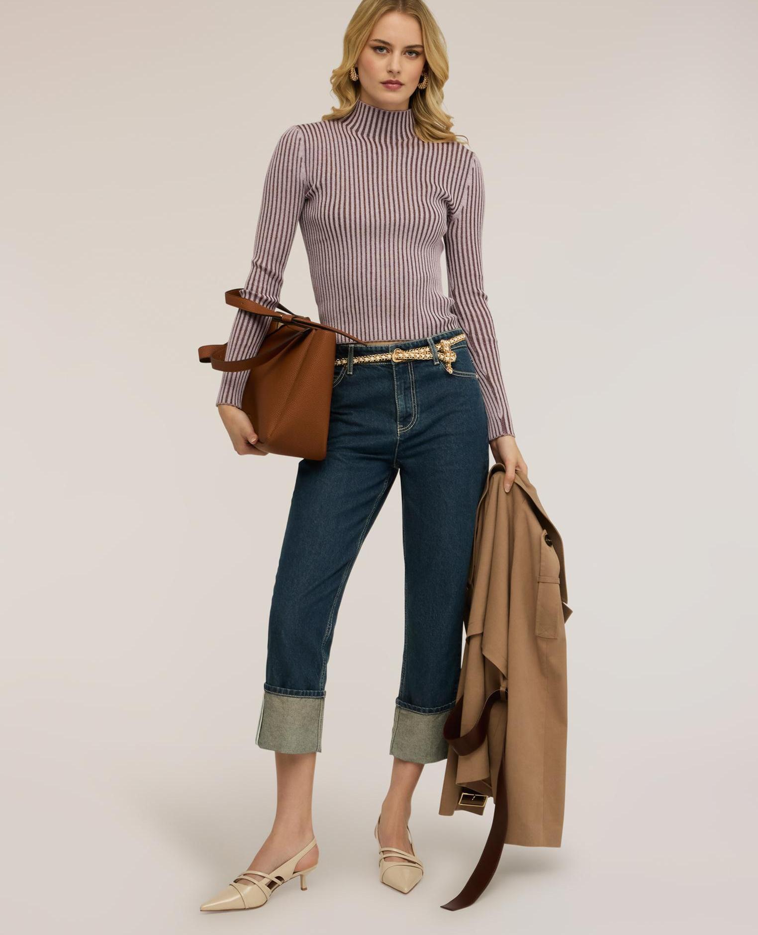 Jersey de mujer de cuello alto de canalé vanisé ajuste entallado - Motivi - Morado Morado-3