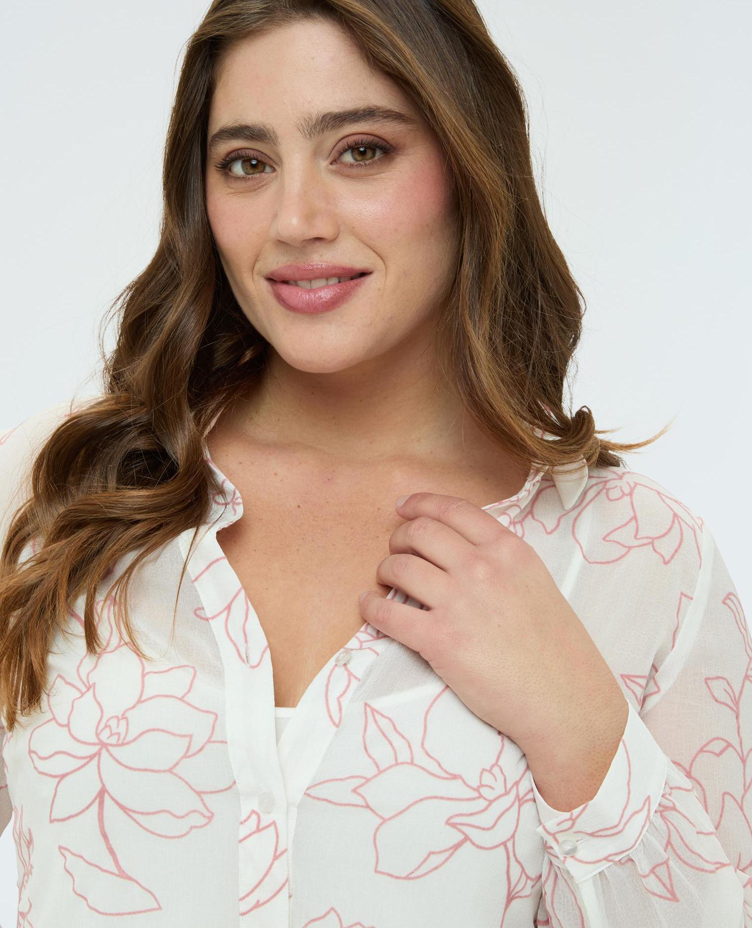Camisa de mujer con estampado floral manga larga - Fiorella Rubino - Blanco Blanco-4