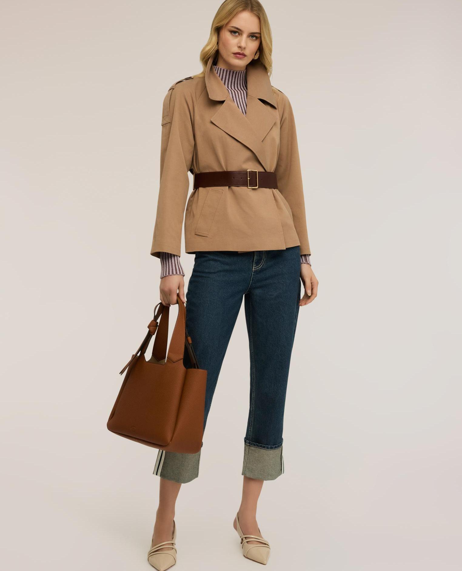 Chaqueta de mujer corta con cinturón ajuste regular - Motivi - Beige Beige-3
