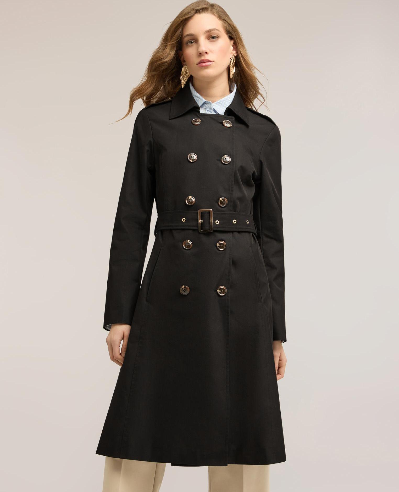 Trench de mujer en drill de mezcla de algodón con doble cinturón cuello de solapa y cierre cruzado con botones a la vista - Motivi - Negro Negro-1