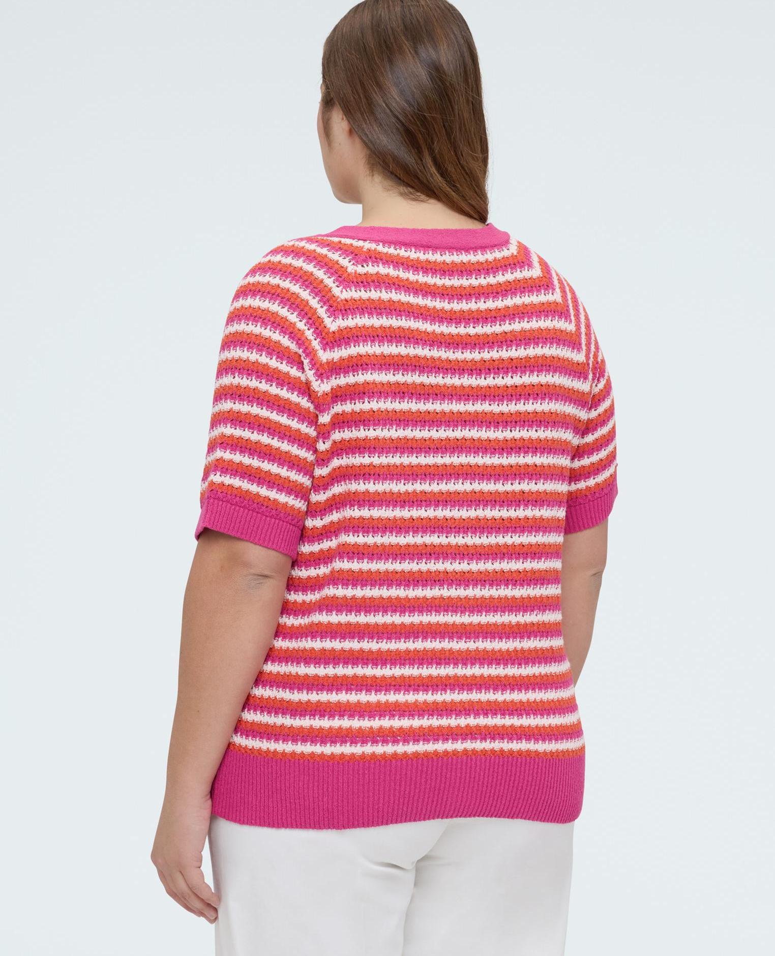 Cárdigan de mujer de rayas en mezcla de algodón mangas cortas con bordes acanalados - Fiorella Rubino - Fucsia Fucsia-2