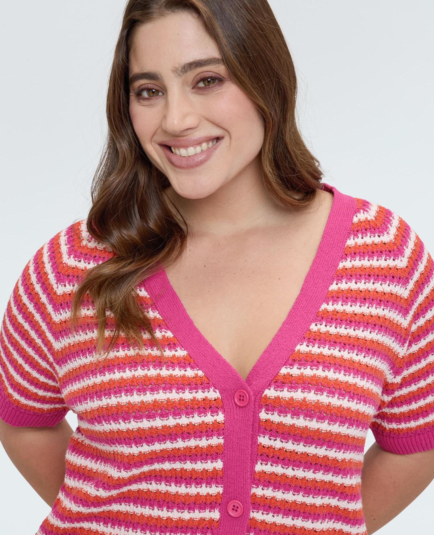 Cárdigan de mujer de rayas en mezcla de algodón mangas cortas con bordes acanalados - Fiorella Rubino - Fucsia Fucsia-3