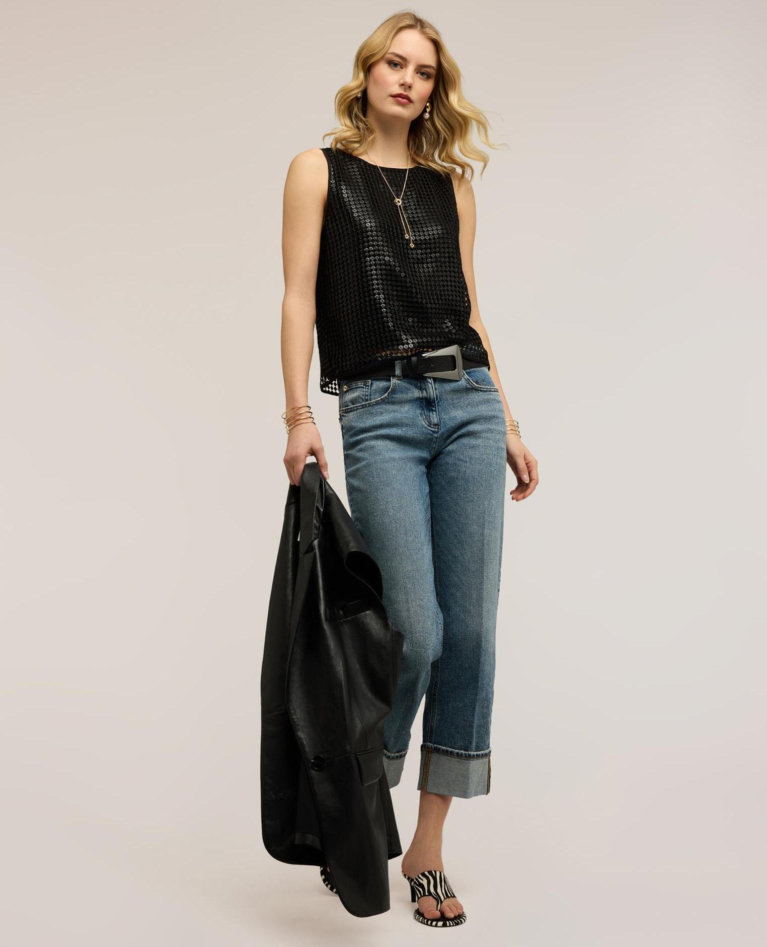 Top de mujer de red con lentejuelas ajuste boxy con top interno - Motivi - Negro Negro-3