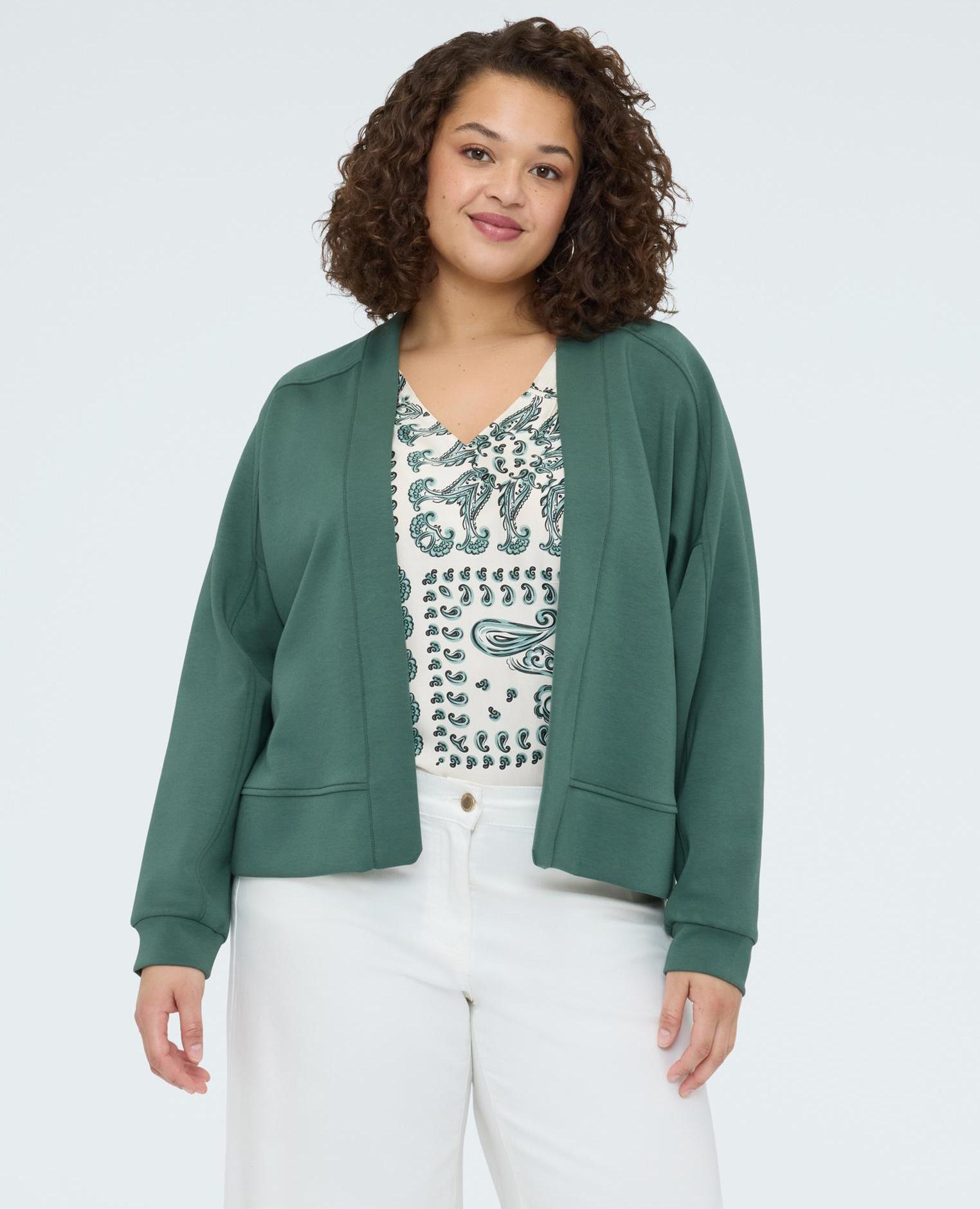 Sudadera de mujer abierta en scuba mangas tipo kimono y corte boxy - Fiorella Rubino - Negro Verde militar-1