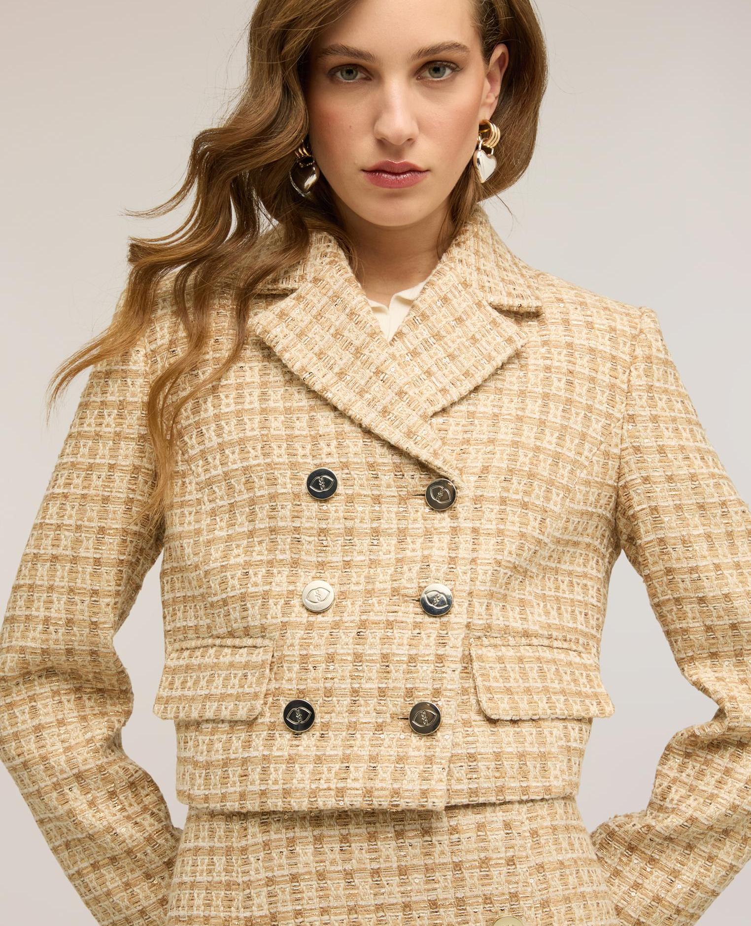 Chaqueta de mujer corta cruzada en bouclé solapas clásicas - Motivi - Beige Beige-3