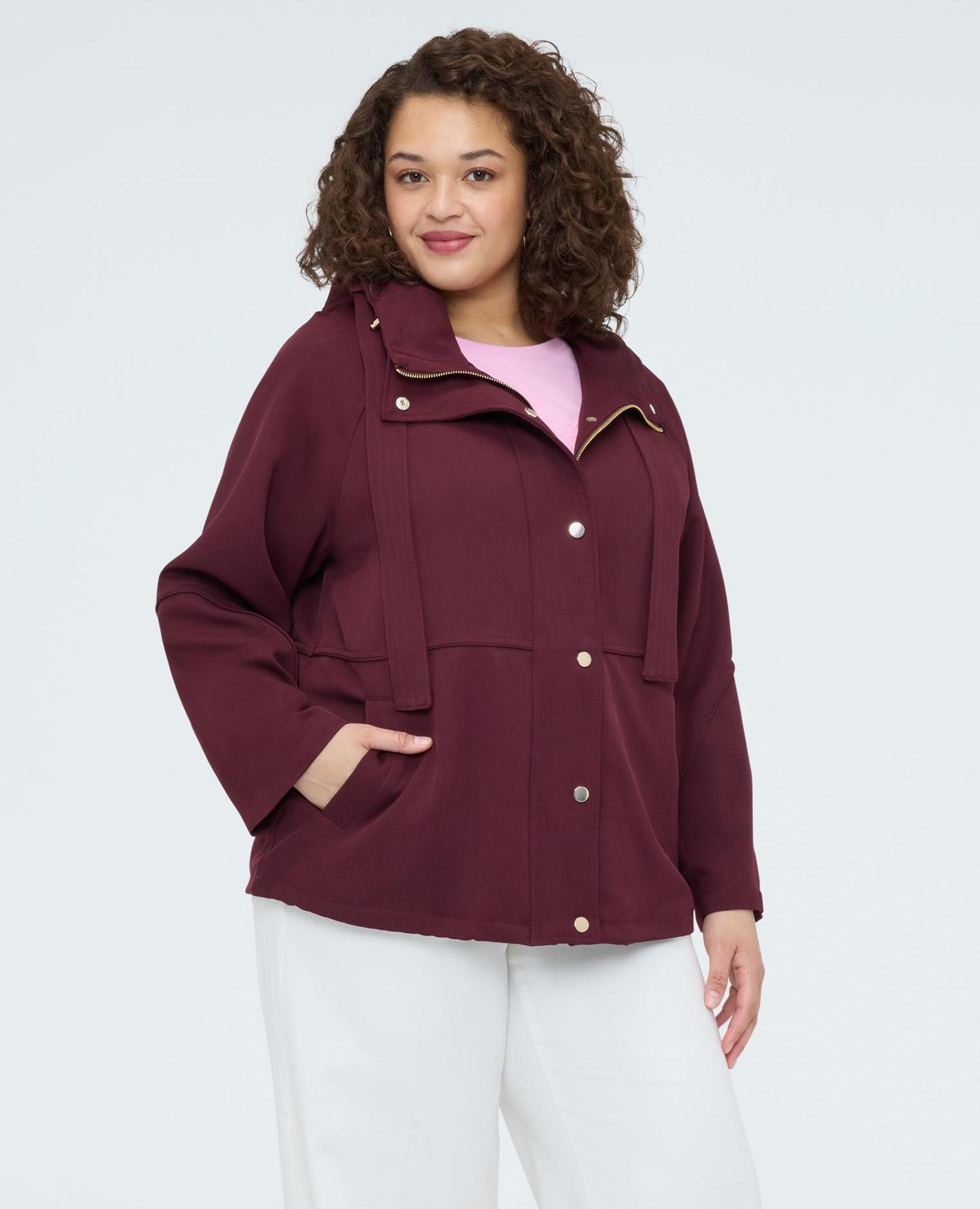 Parka de mujer de paño con capucha mangas ranglan y bolsillos aplicados - Fiorella Rubino - Burdeos Burdeos-1